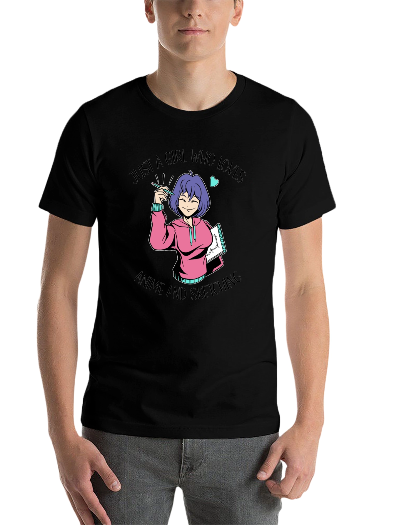 Black Anime Sketching Girl Graphic T-Shirt view 7