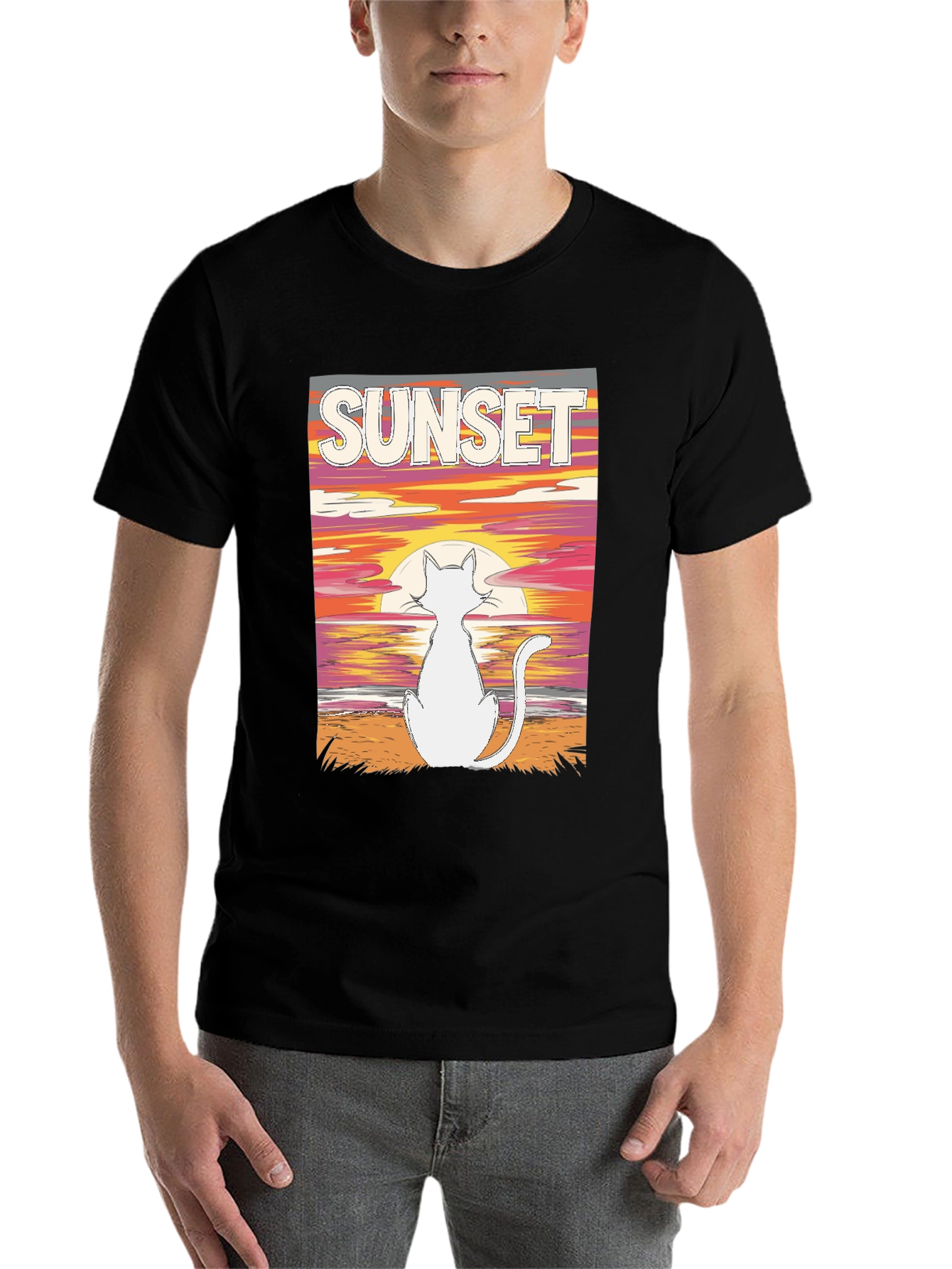 Black Sunset Cat Graphic Tee - Black Cotton T-Shirt view 7