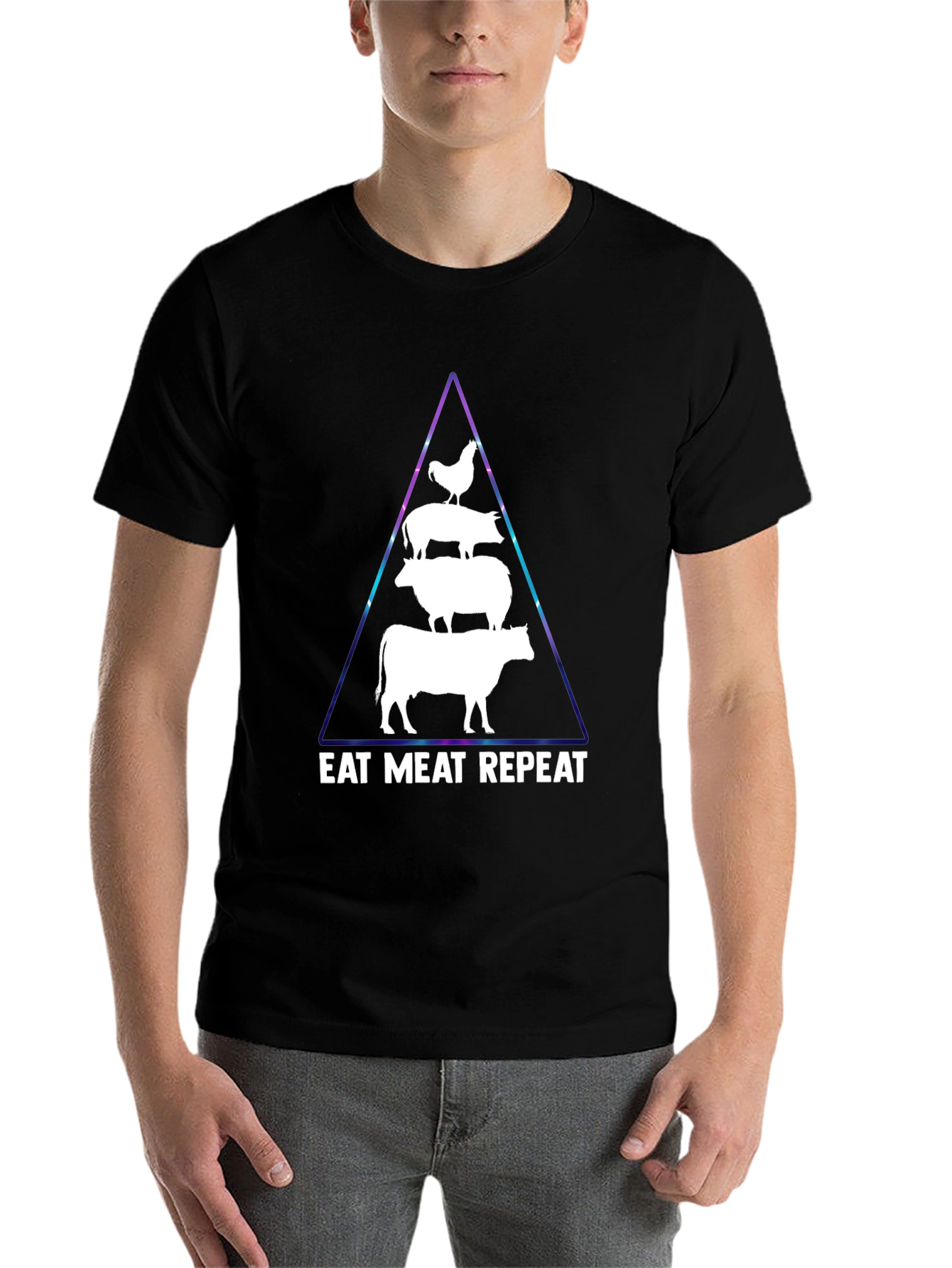 Black Eat Meat Repeat T-Shirt: Black, Animal Pyramid Design view 7