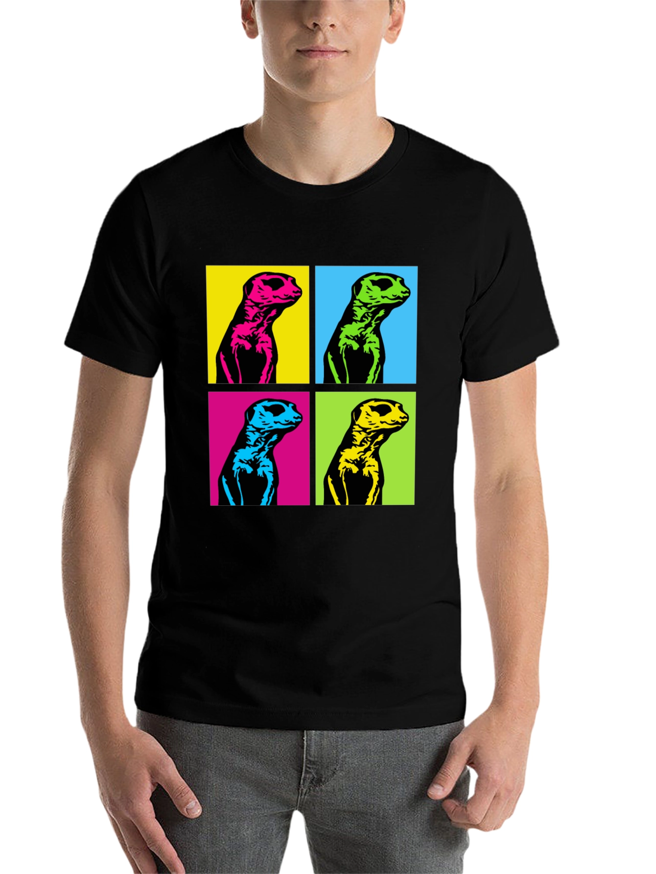 Black Pop Art Meerkat Graphic Tee - Unique Animal T-Shirt view 7