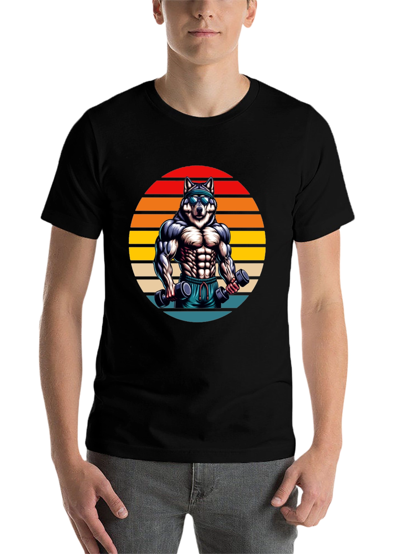 Black Wolf Gym T-Shirt - Retro Fitness Design view 7