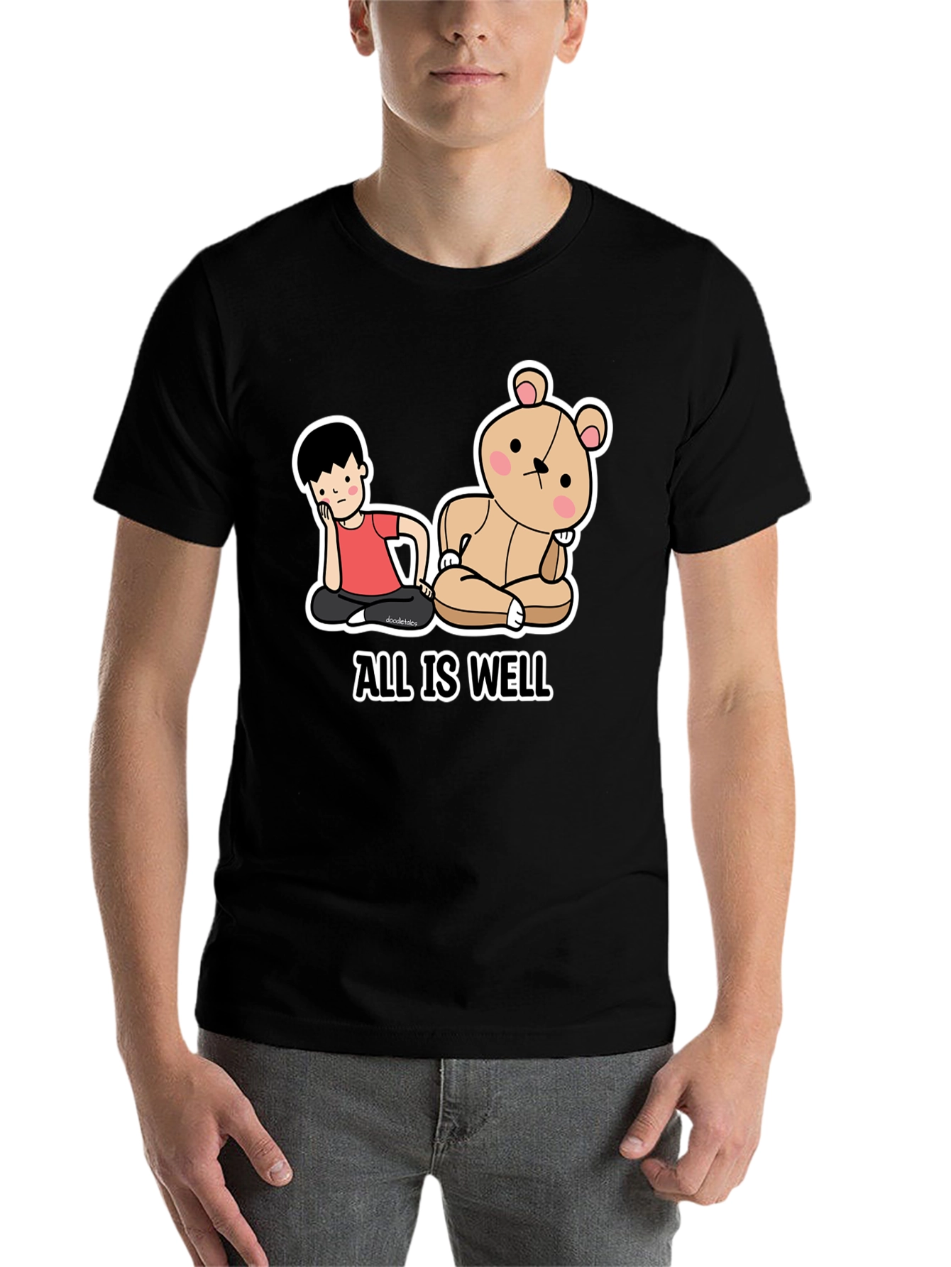 Black All Is Well T-Shirt: Cartoon Boy & Bear Meditating Graphic Tee view 7