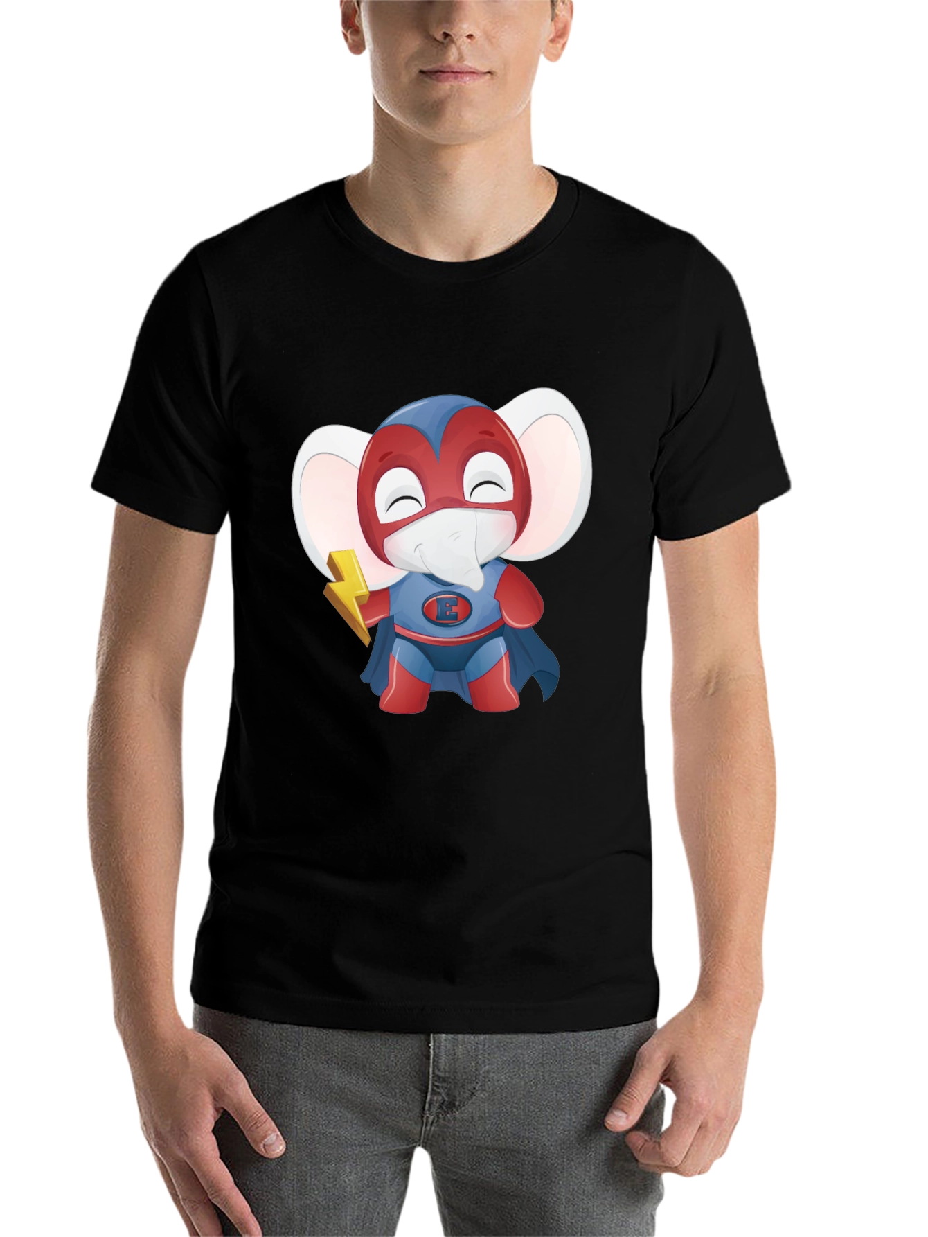 Black Superhero Elephant Cartoon T-Shirt view 7