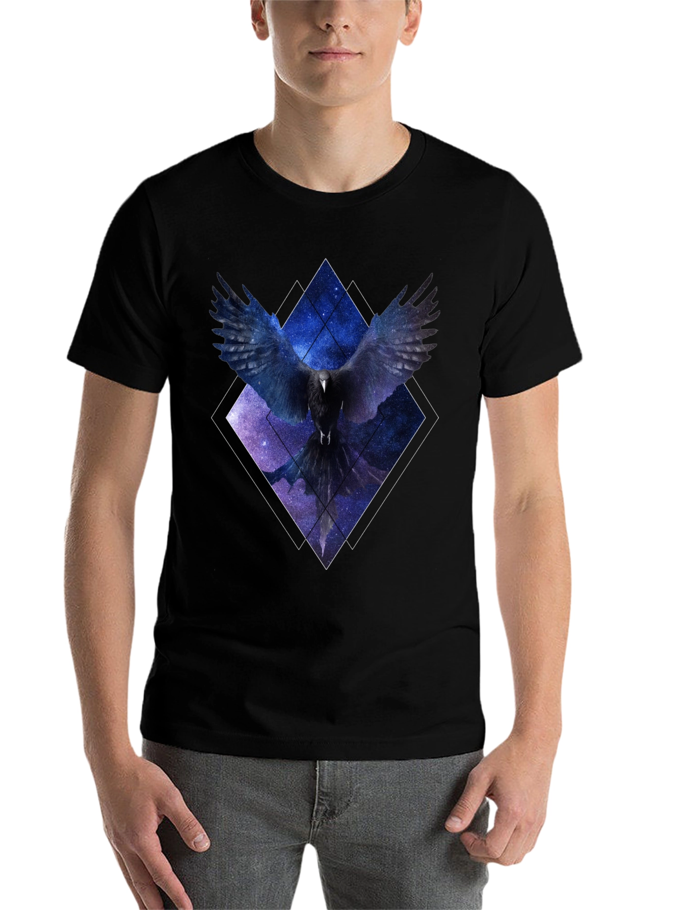 Black Cosmic Raven Graphic Tee - Unisex Black T-Shirt view 7