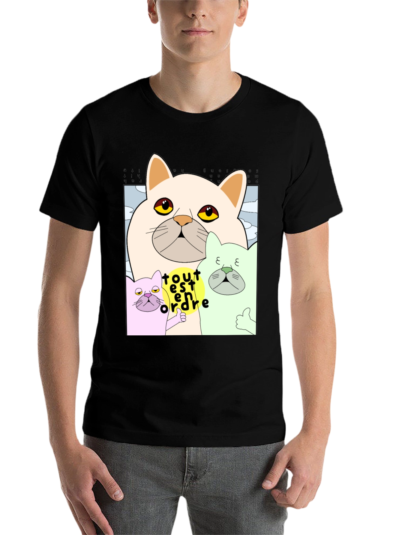 Black Cat Cartoon Graphic Black T-Shirt view 7