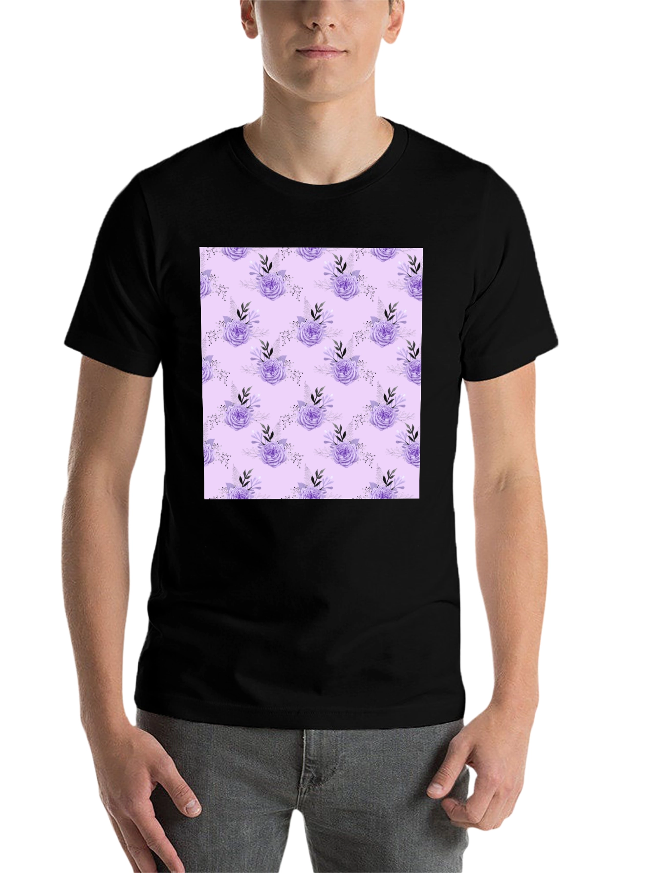 Black Floral Lavender Pattern Black T-Shirt view 7
