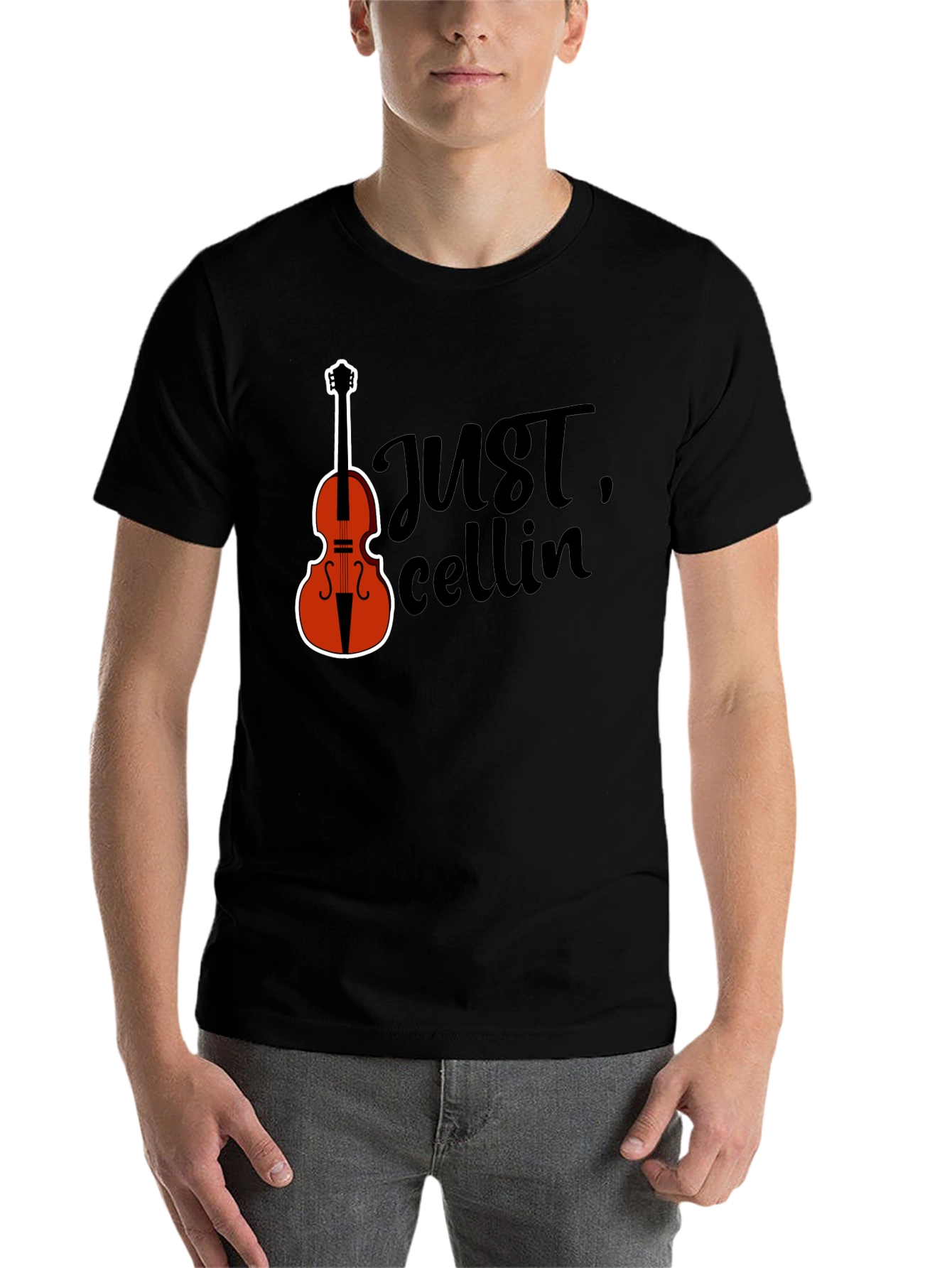 Black Just Cellin' Black T-Shirt with Cello Graphic view 7