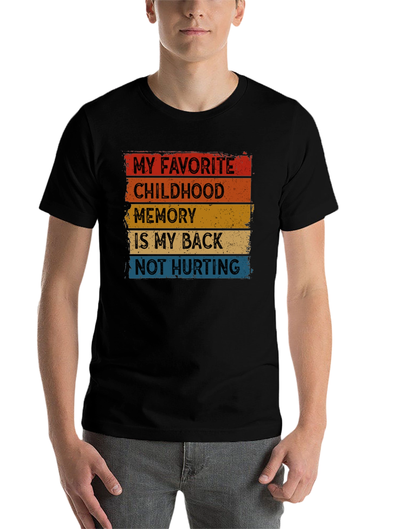 Black Funny Back Pain T-Shirt - "Childhood Memory" view 7
