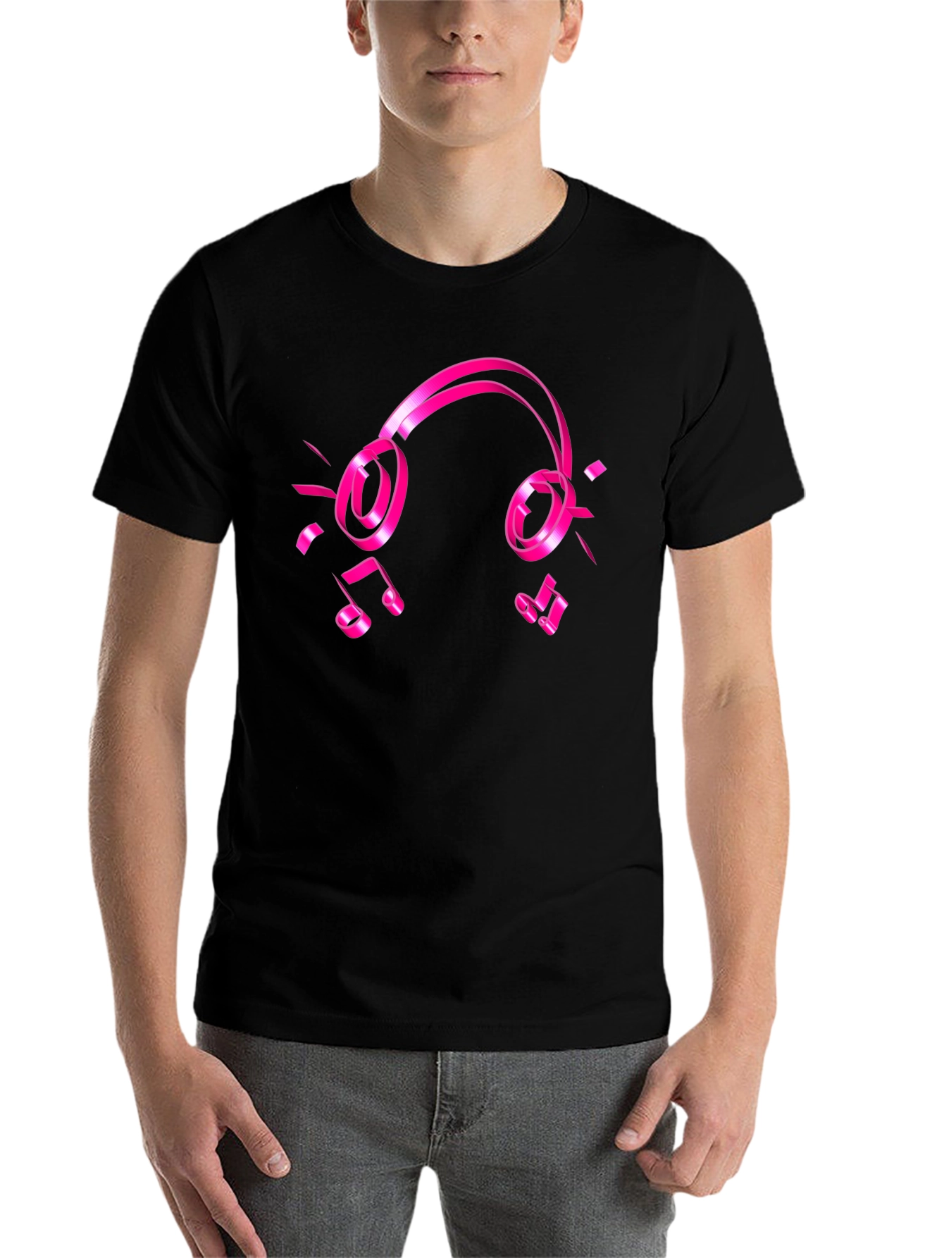 Black Black Tee with Pink Headphones and Music Notes Graphic view 7