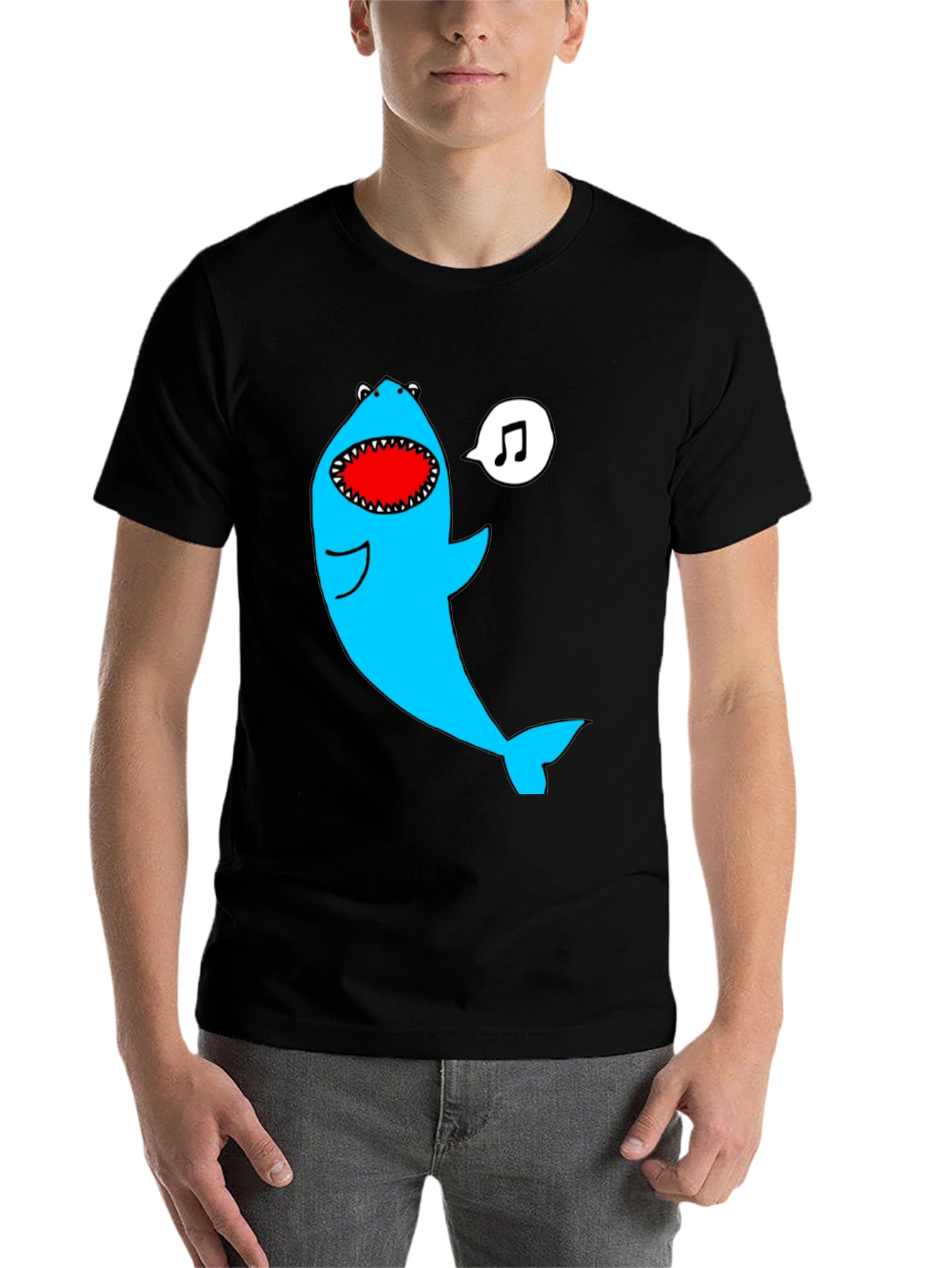 Black Singing Shark Graphic Tee - Black Cotton Blend view 7