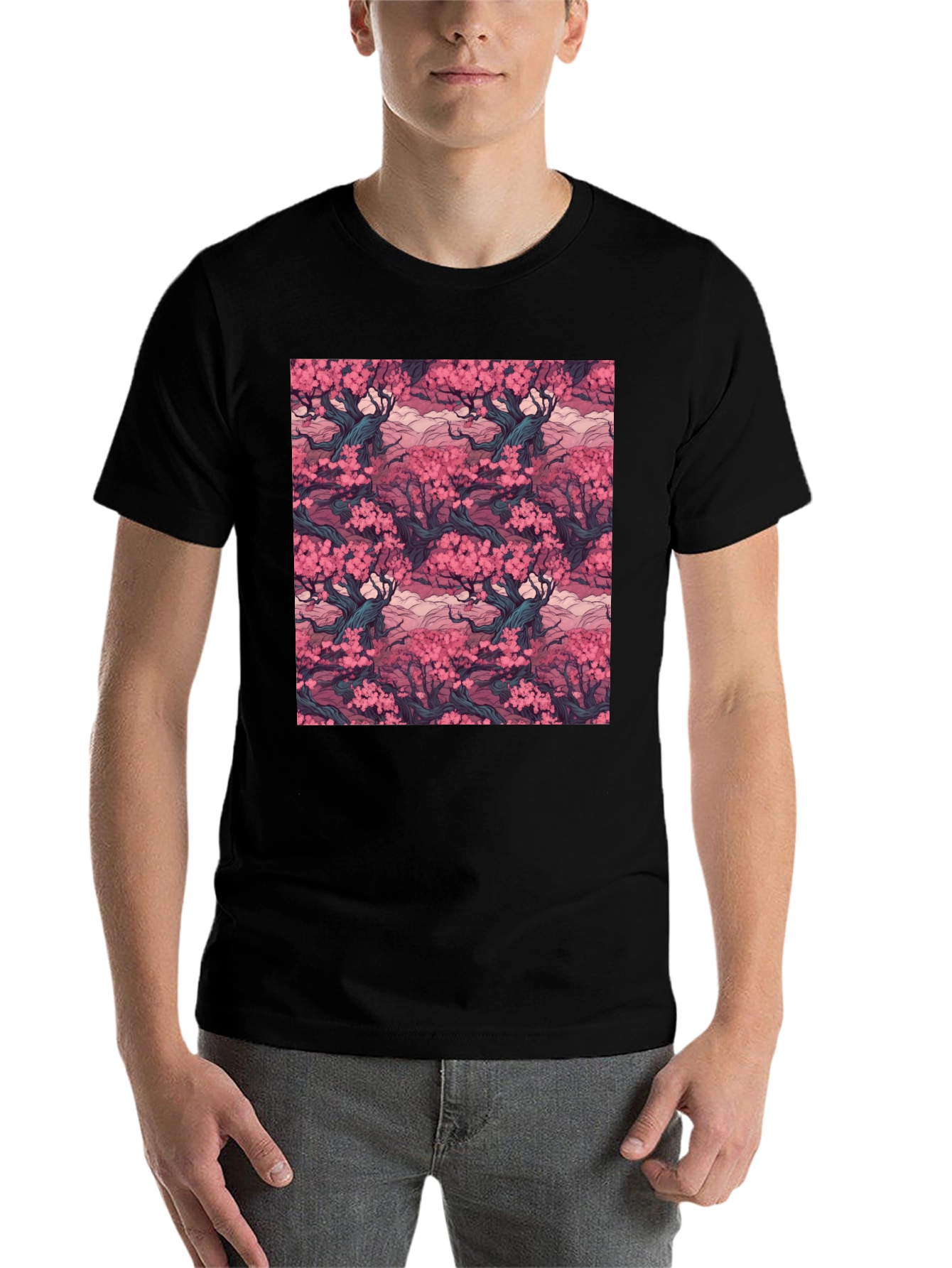 Black Cherry Blossom T-Shirt, Black, Relaxed Fit view 7