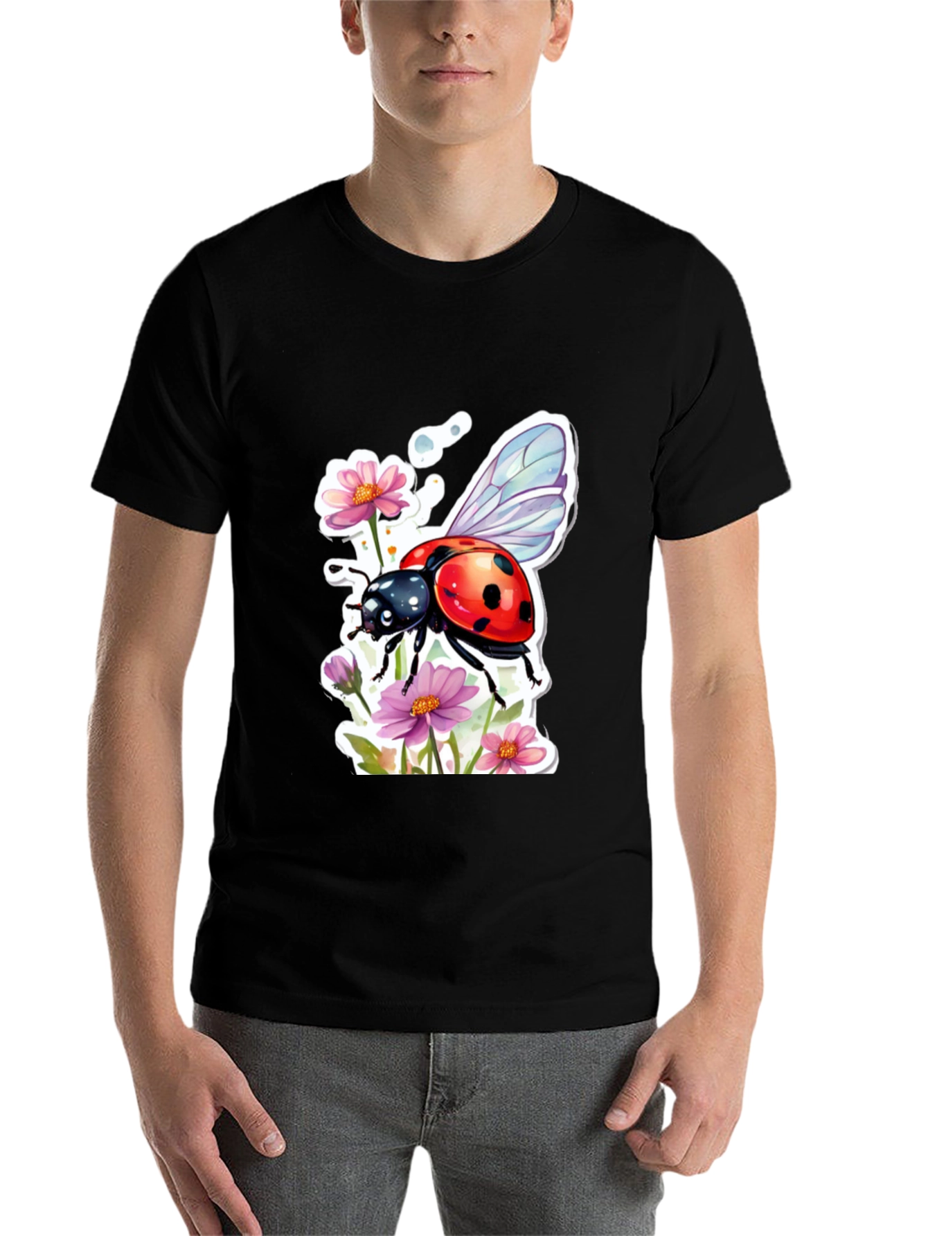 Black Ladybug & Floral Graphic Tee - Trendy Black T-Shirt view 7