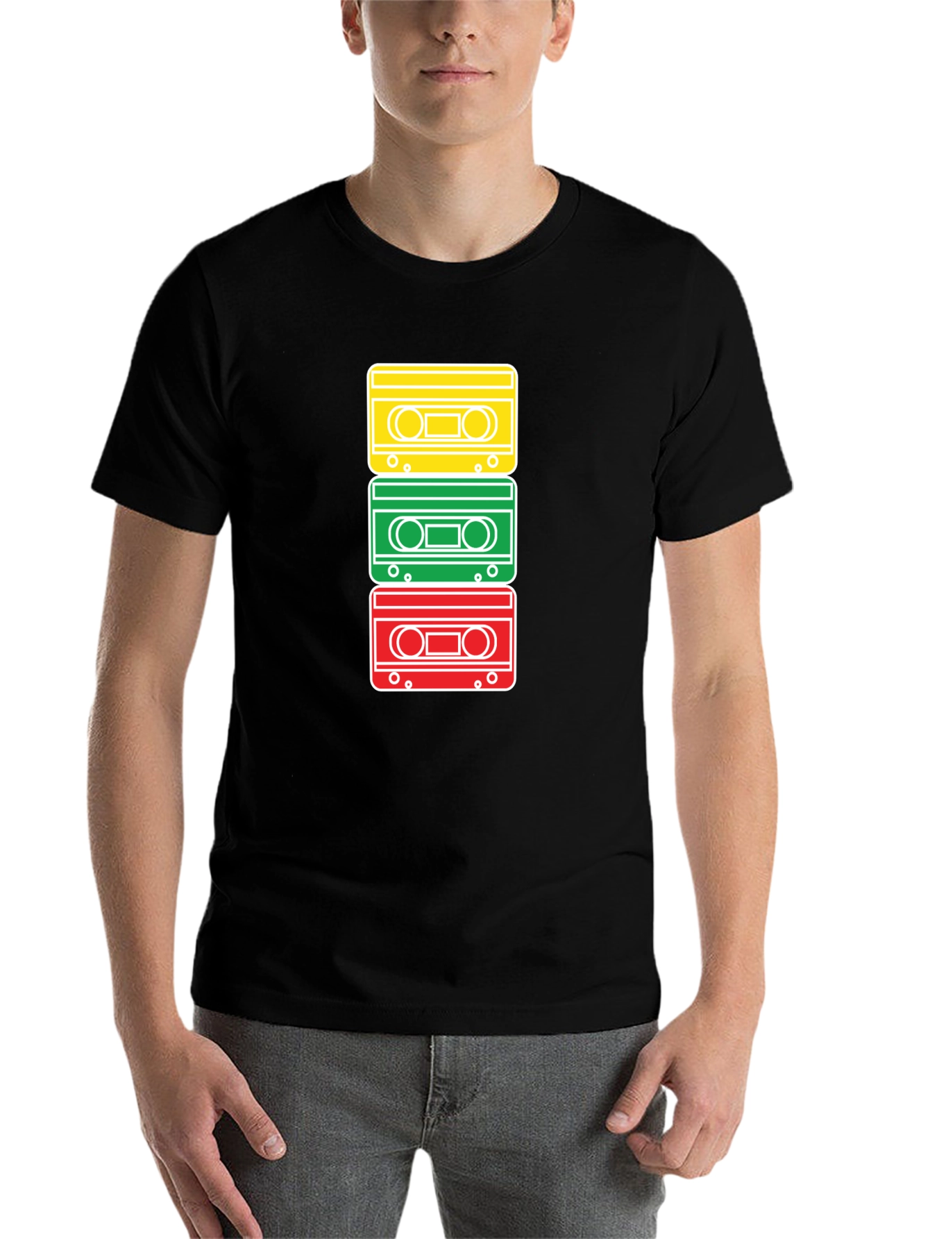 Black Retro Cassette Tape Stack Graphic T-Shirt view 7