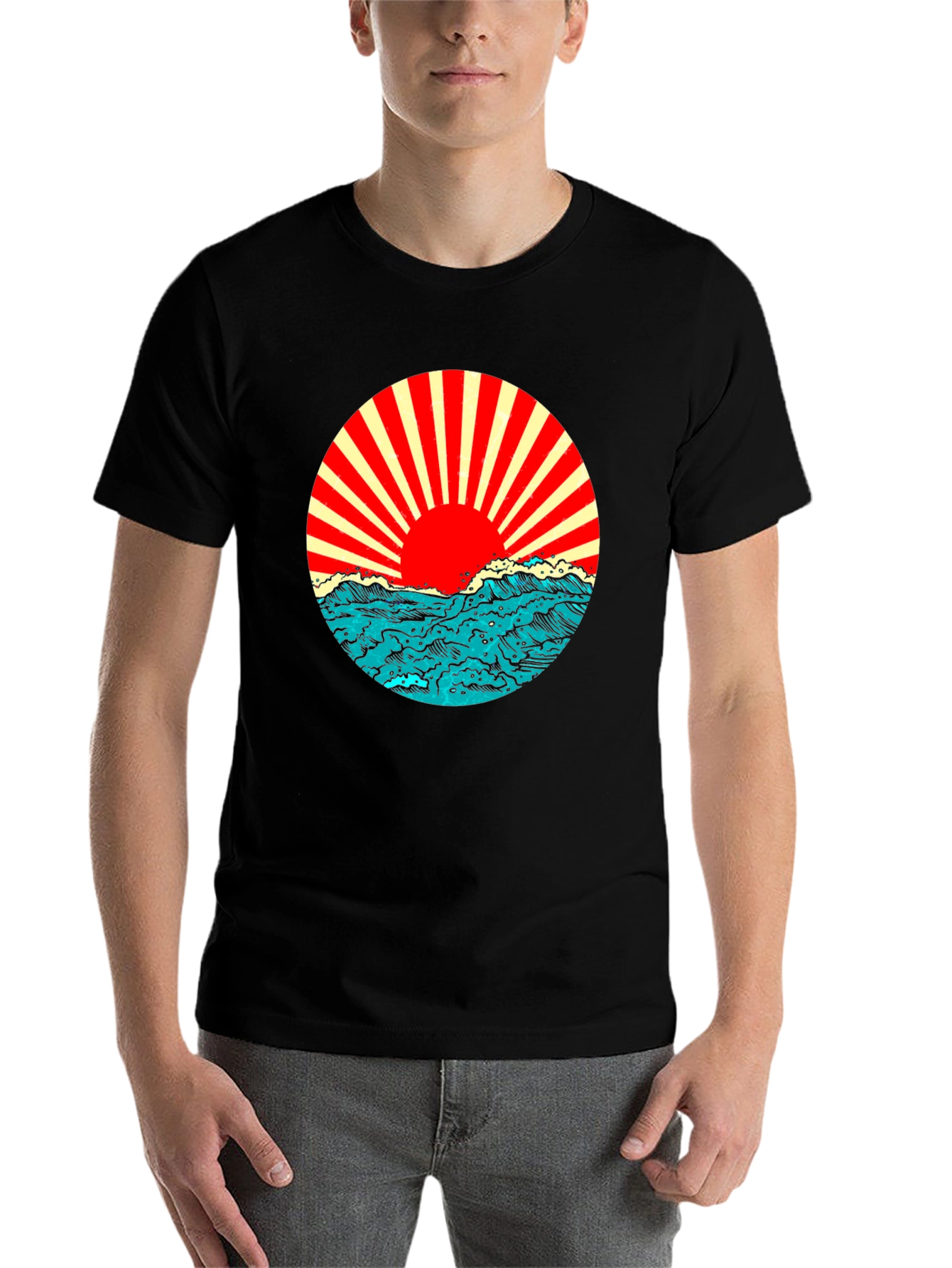 Black Rising Sun Ocean Wave Graphic Tee - Black view 7