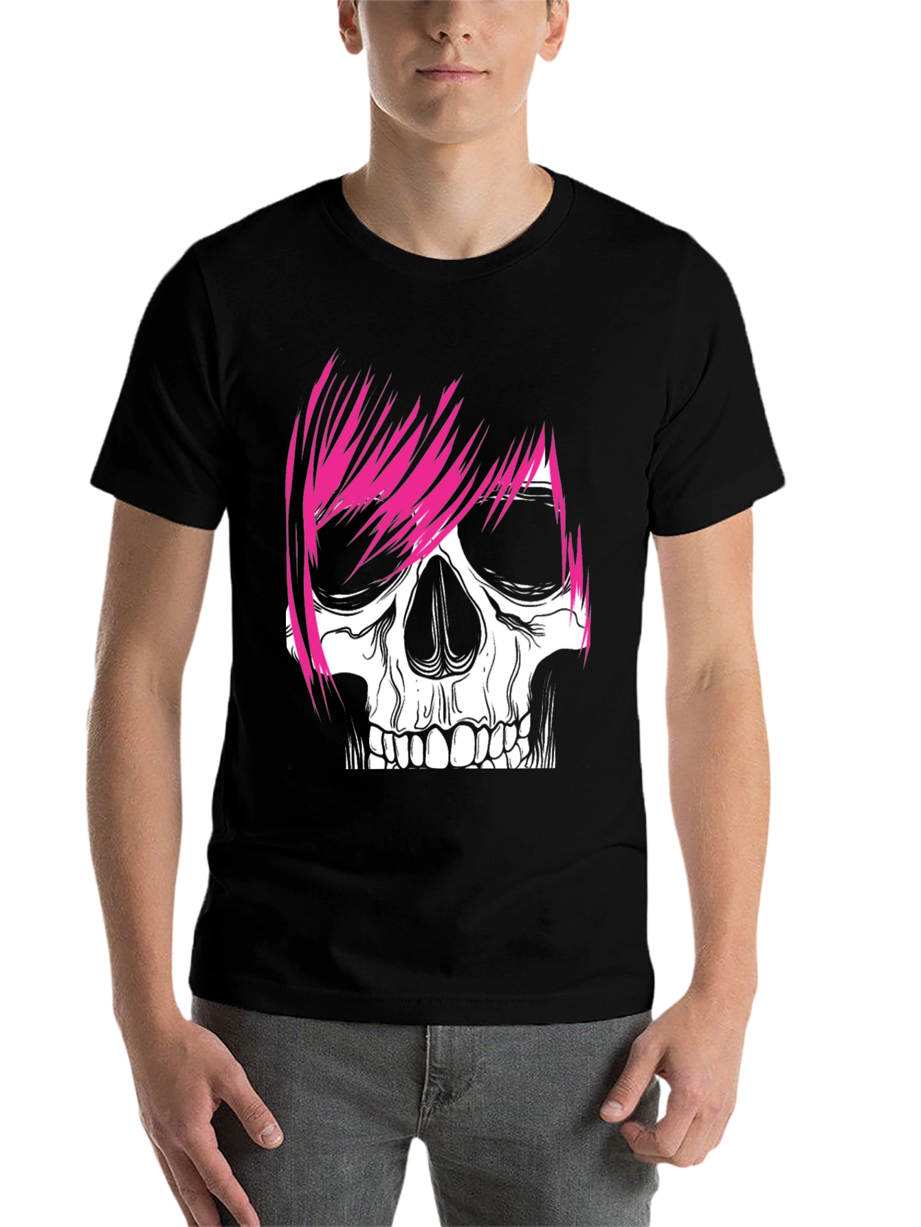 Skull with Pink Hair Graphic Tee - Men's Black T-Shirt - 7