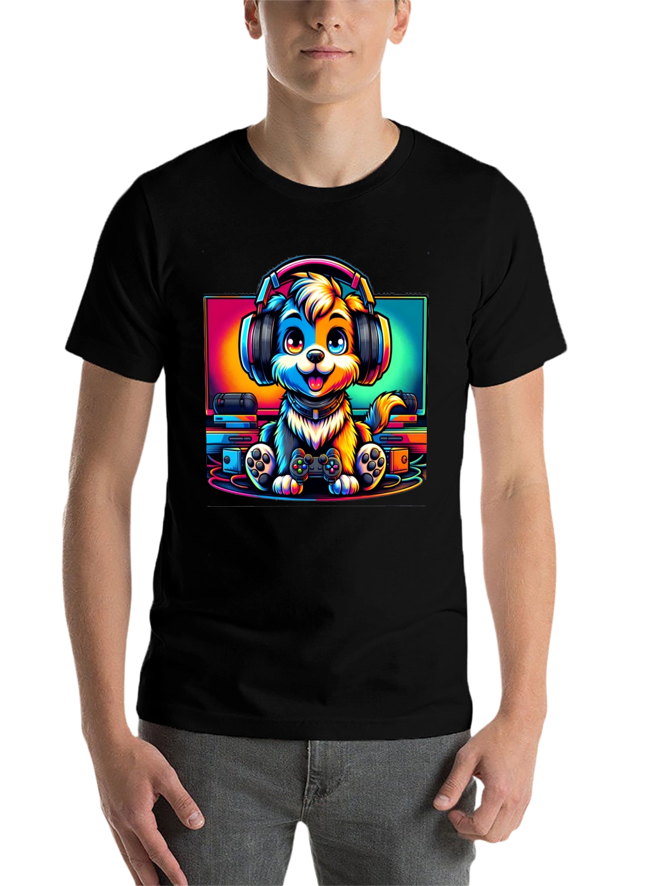 Gamer Dog Graphic T-Shirt - Black Cotton Tee - 7