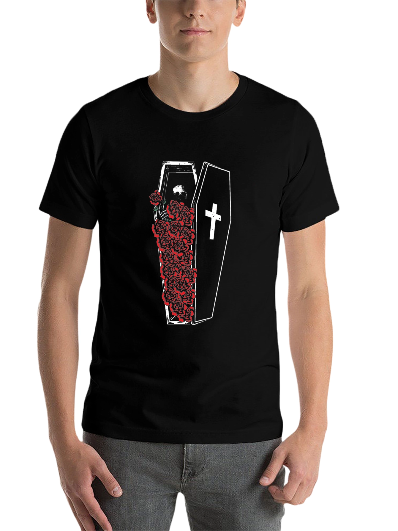 Black Coffin & Roses Graphic Tee - Unisex Black T-Shirt view 7