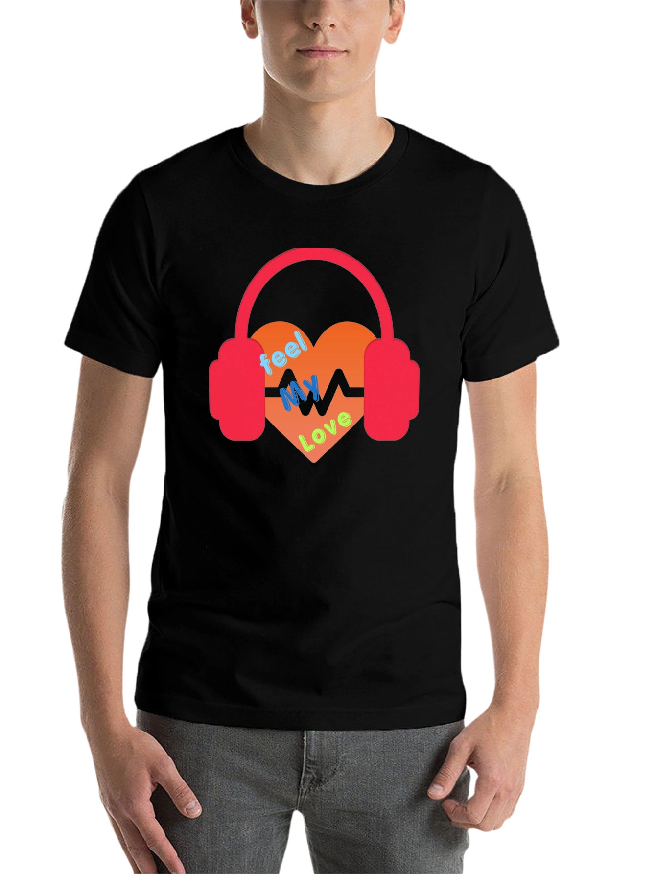 Black Feel My Love Heartbeat Headphones Graphic Tee view 7