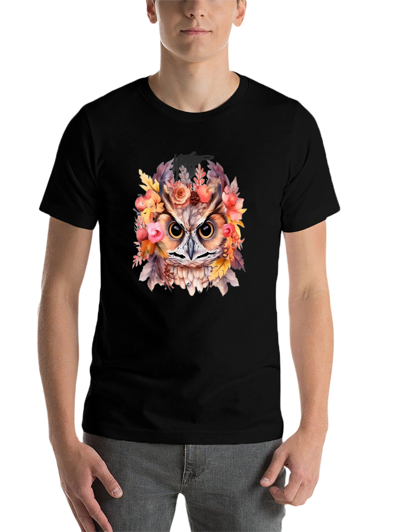Black Floral Owl Graphic Print Black T-Shirt view 7