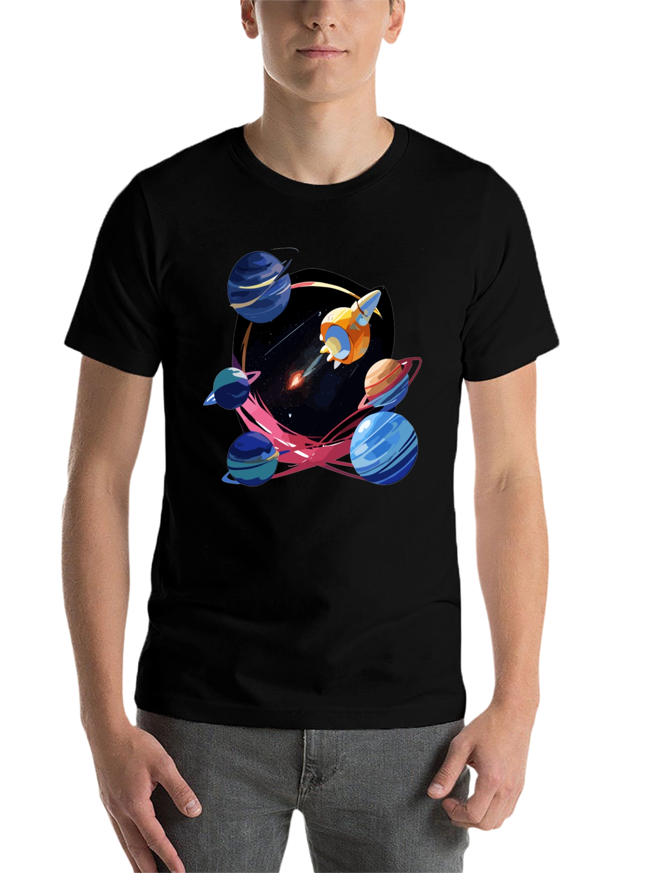 Black Space Adventure T-Shirt: Rocket and Planets view 7