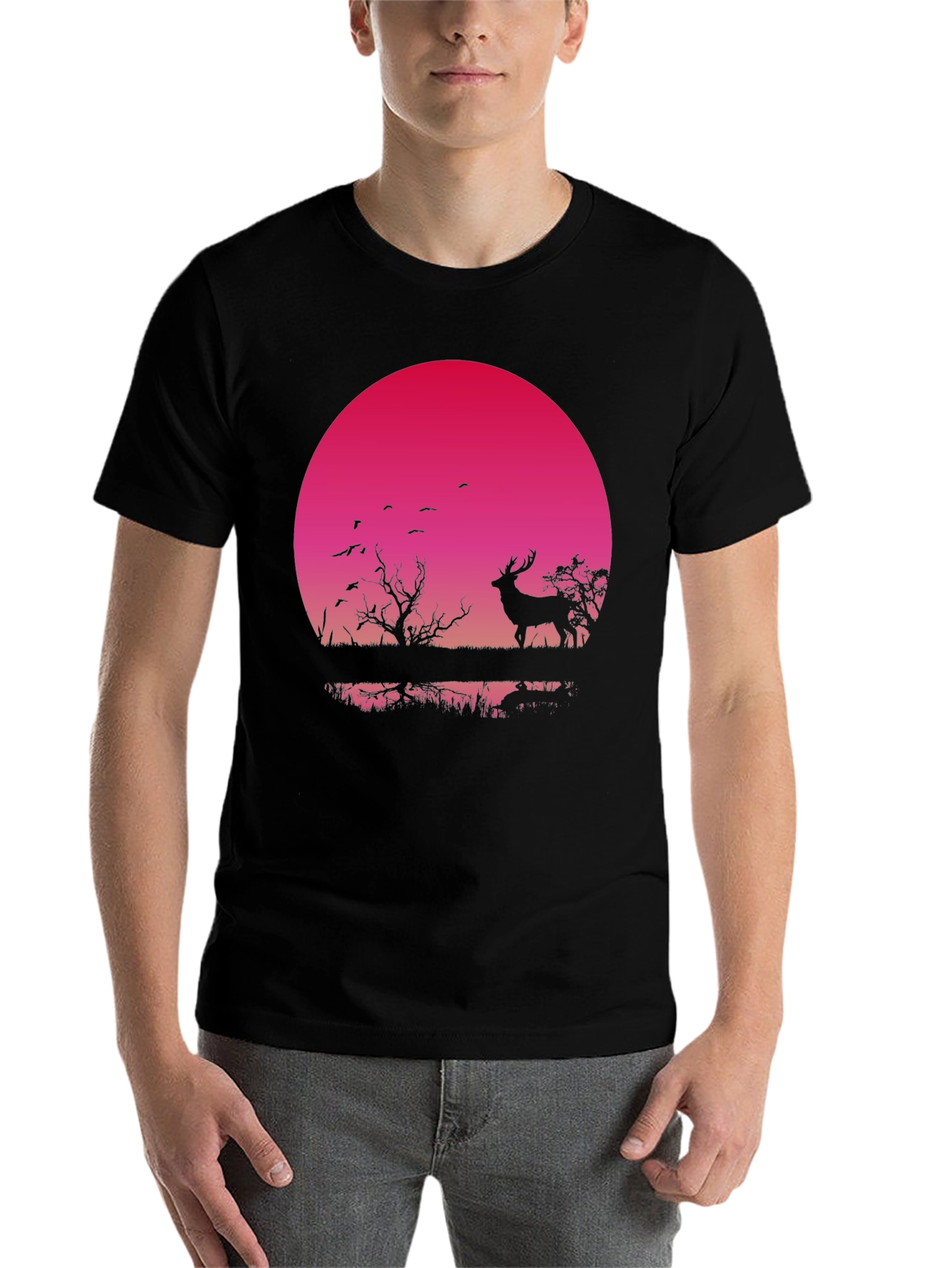 Black Deer Silhouette T-Shirt - Sunset Design view 7