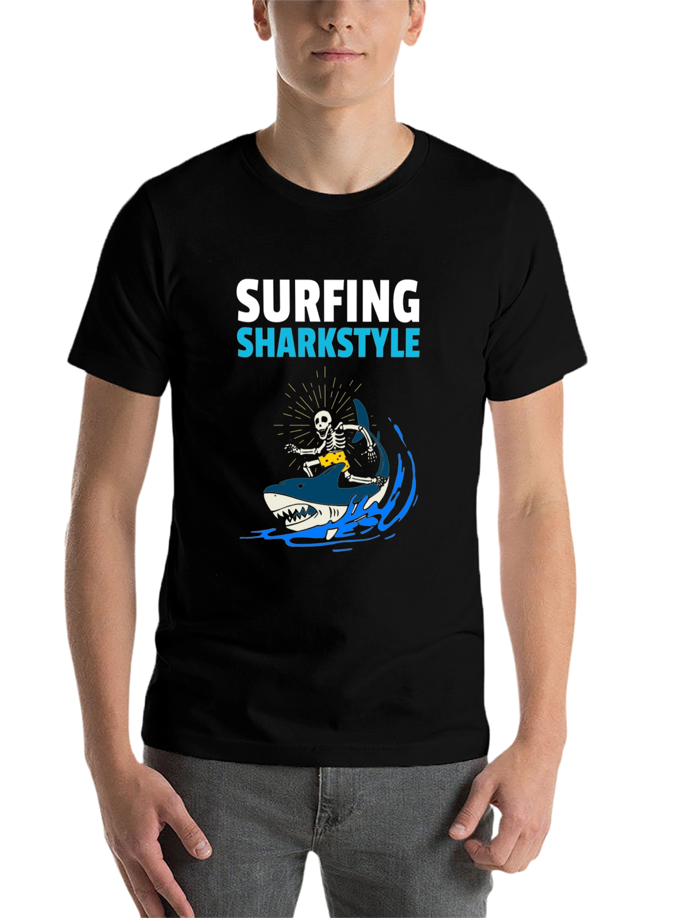 Black Surfing Sharkstyle Skeleton Graphic T-Shirt view 7