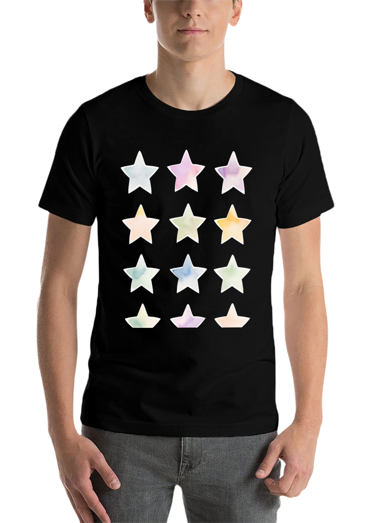 Black Watercolor Star Print Black T-Shirt view 7