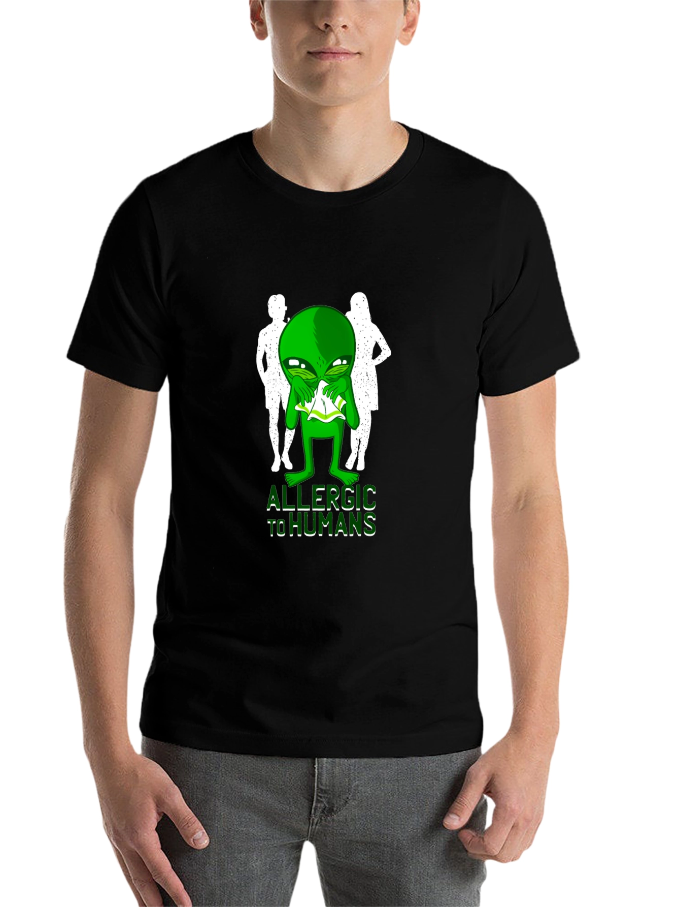 Black Allergic to Humans Alien Graphic Tee view 7