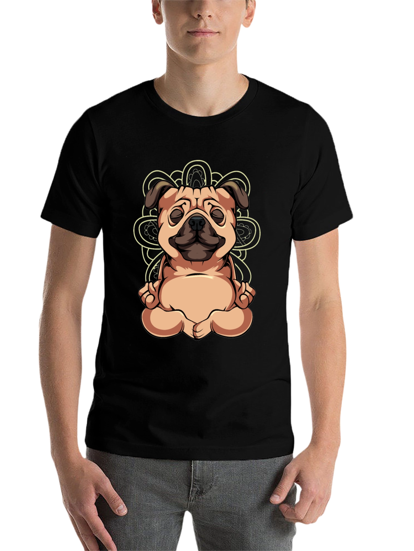 Black Yoga Pug Black T-Shirt - Meditating Dog Tee view 7