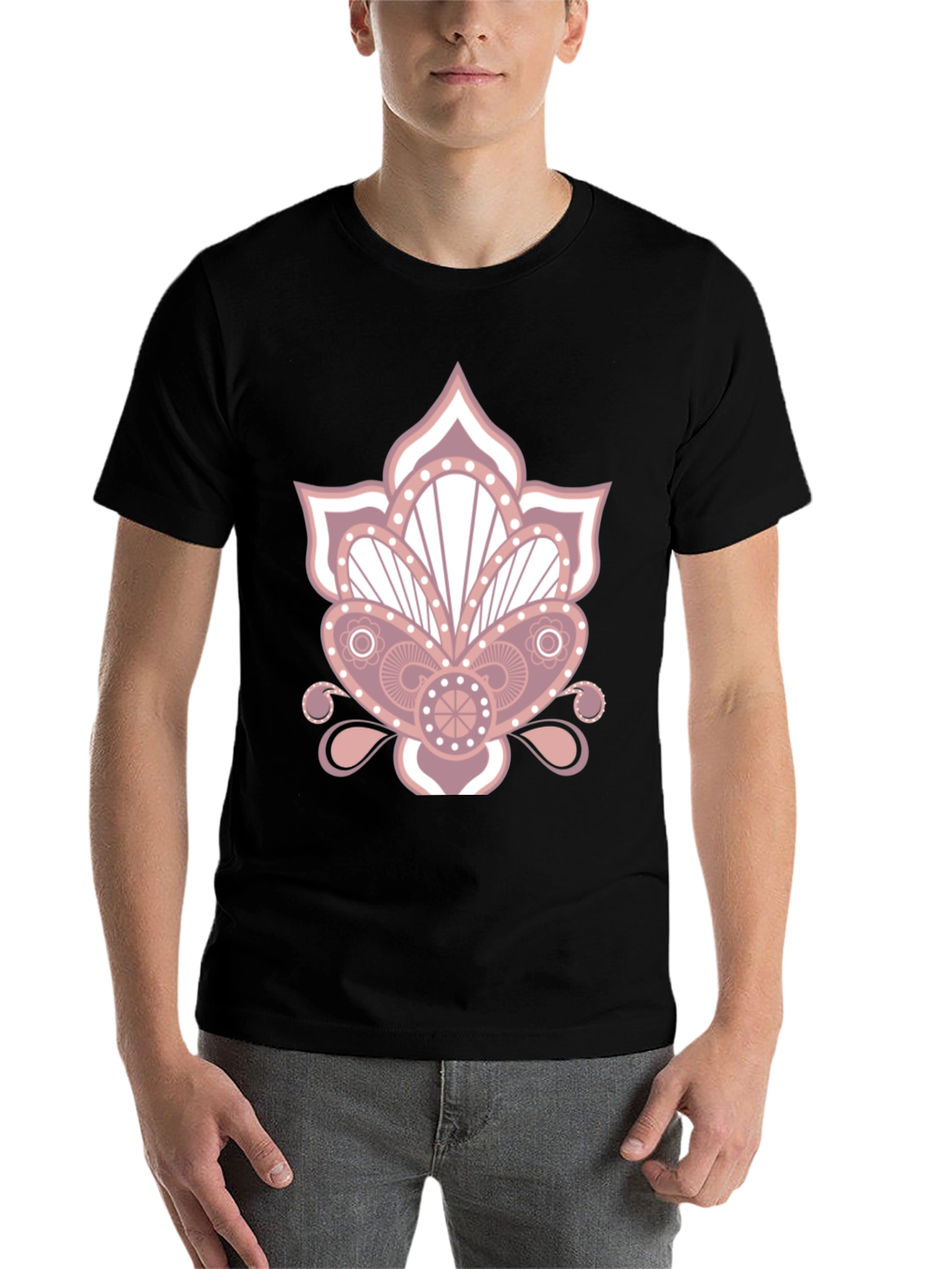 Black Floral Mandala Graphic Print Black T-Shirt view 7