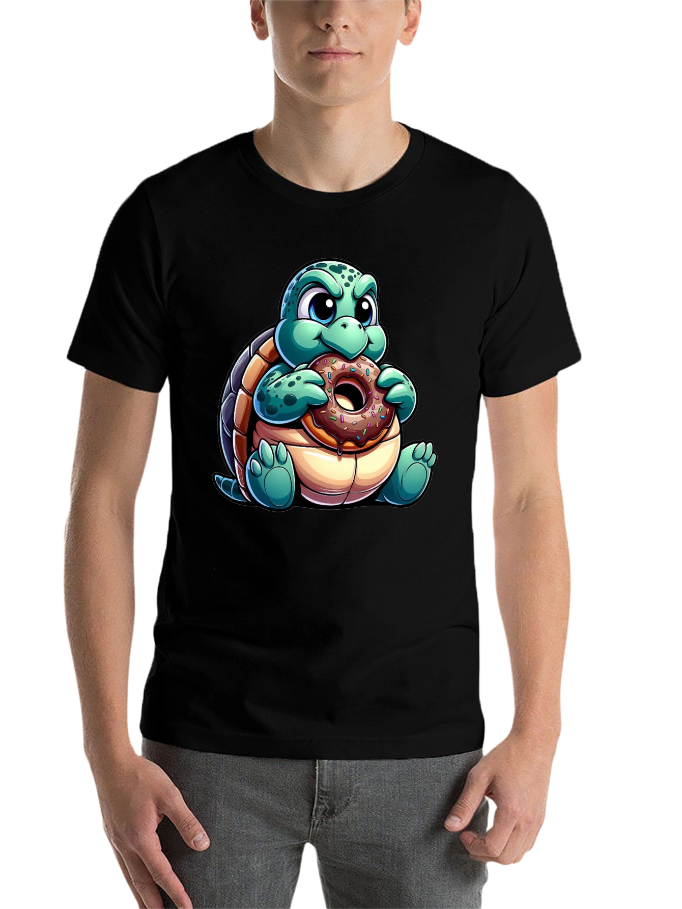 Black Turtle Eating Donut Graphic Tee - Fun Cartoon Shirt view 7