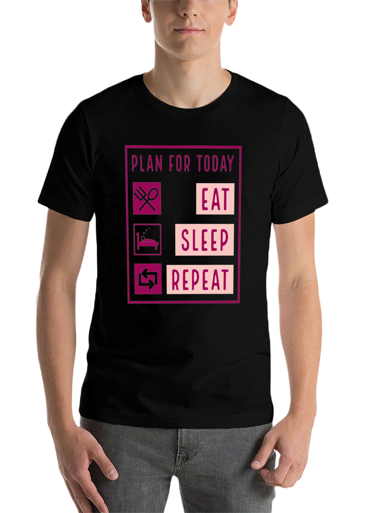 Black Eat Sleep Repeat Graphic Tee - Funny Daily Plan Shirt view 7