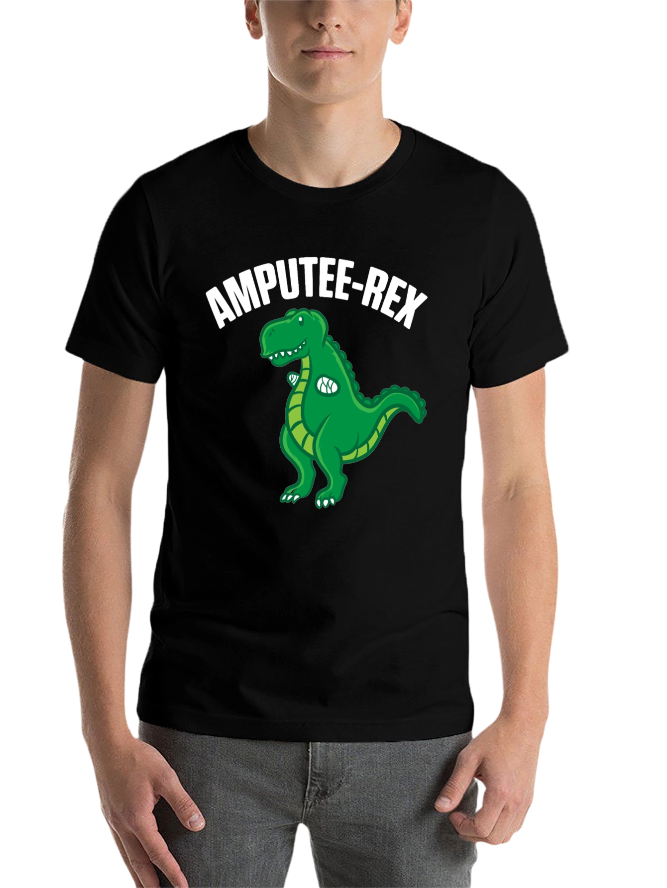 Black Amputee-Rex T-Shirt: Funny Dinosaur Graphic Tee view 7