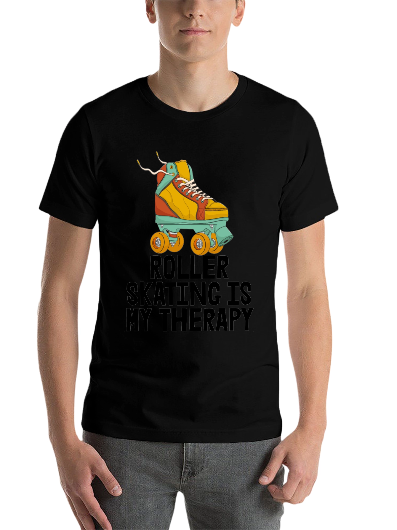 Black Roller Skating Therapy T-Shirt - Cool Retro Design view 7