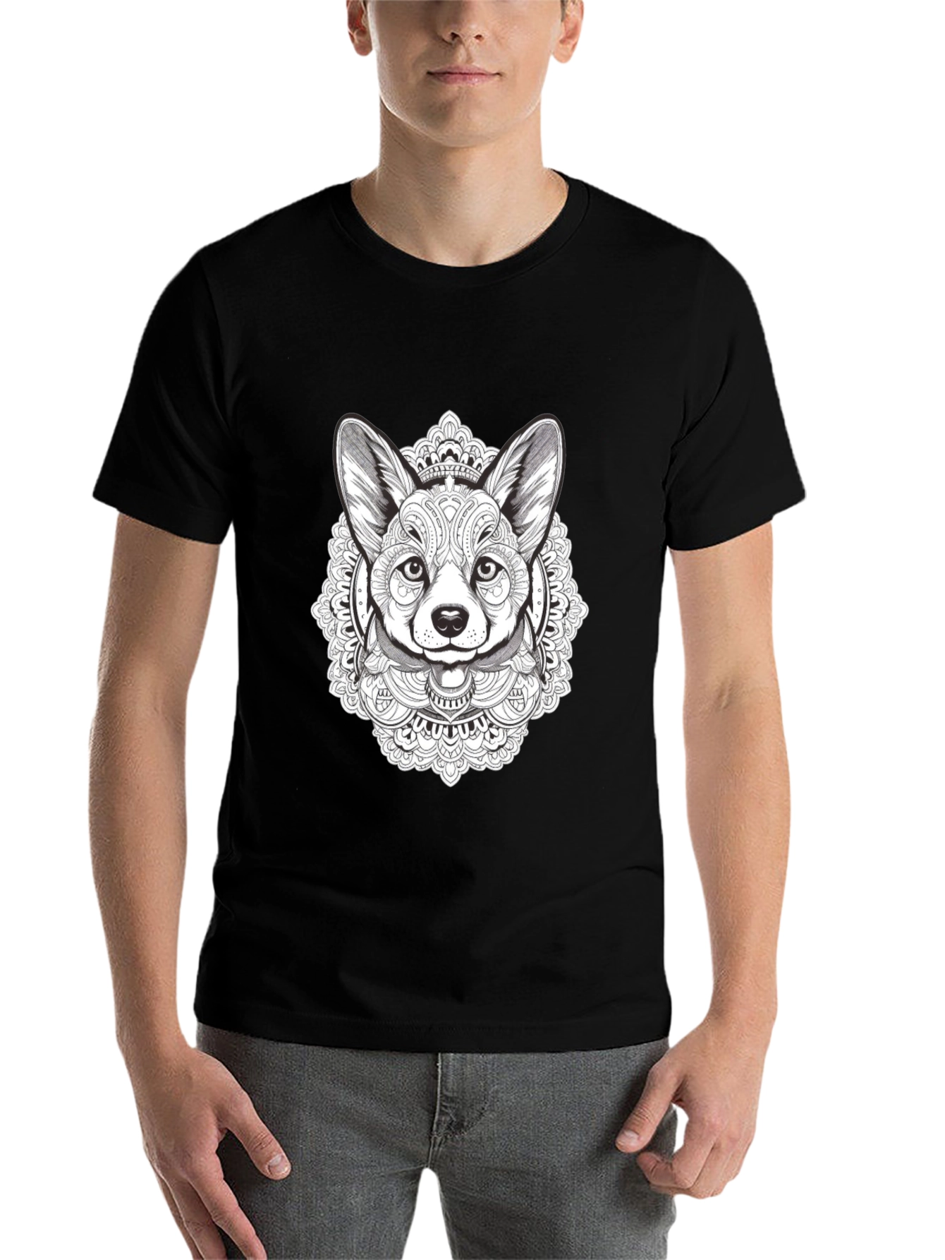 Black Corgi Mandala T-Shirt - Black Graphic Tee view 7