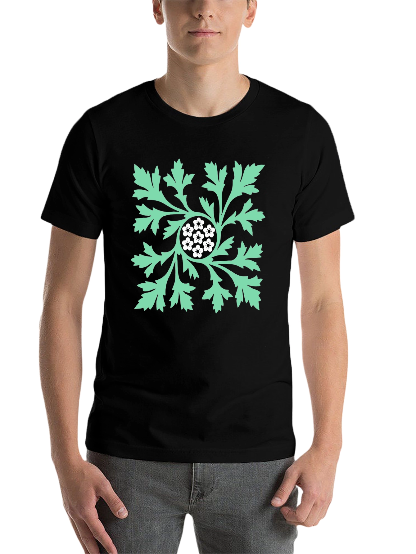 Black Floral Leaf Graphic Print Black T-Shirt view 7