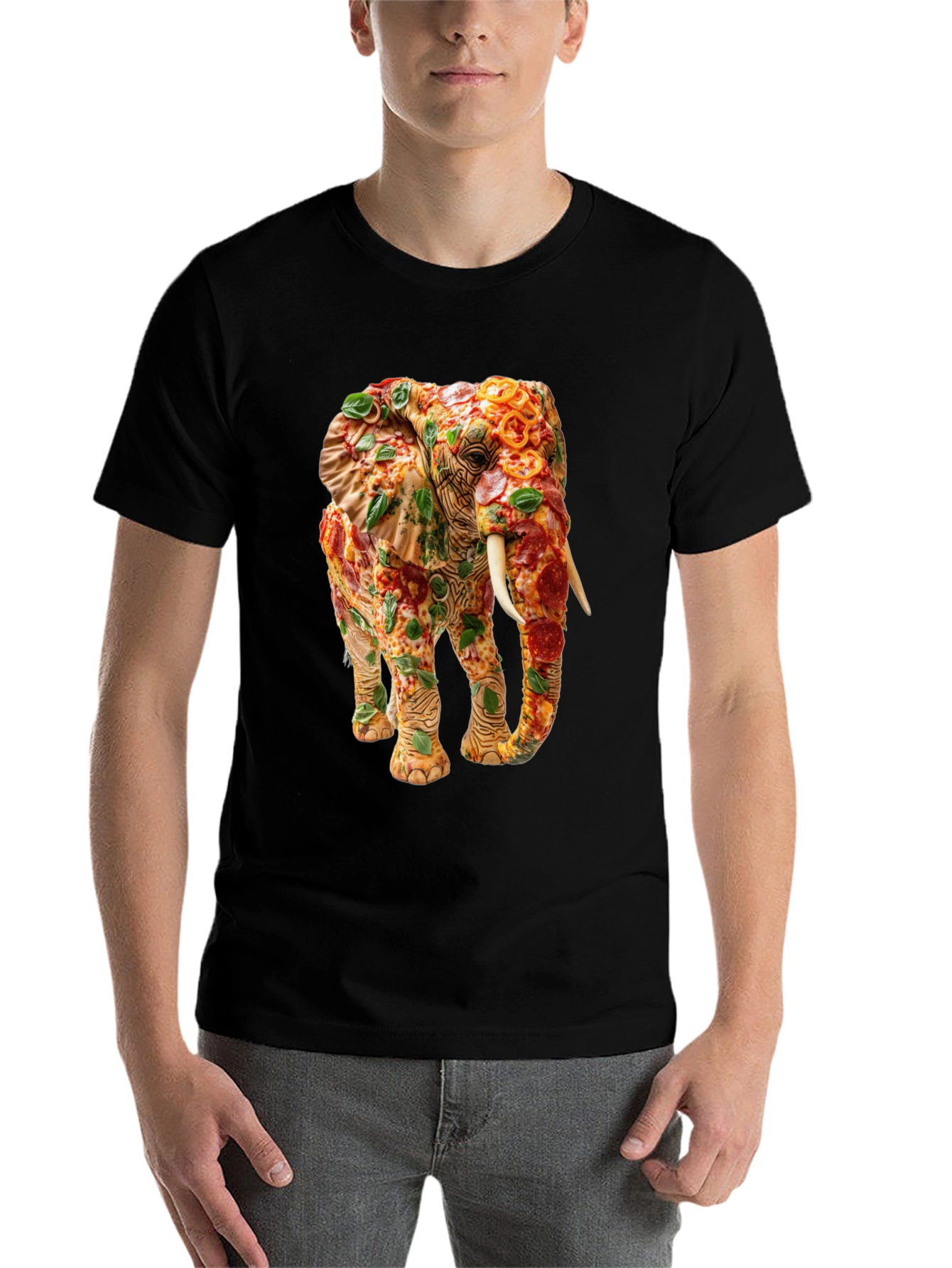 Black Pizza Elephant Graphic Tee - Unique Food Art Shirt view 7