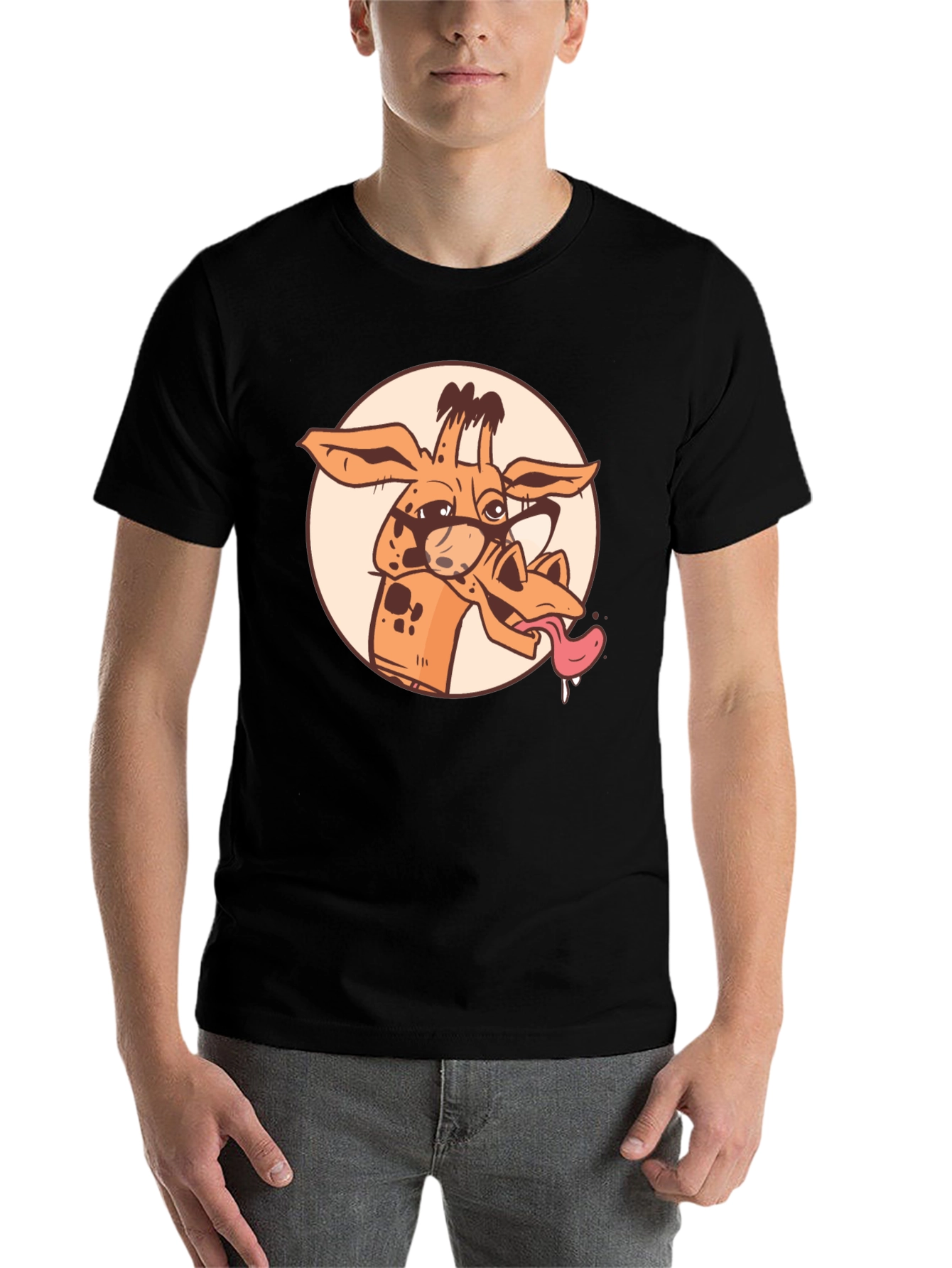 Black Giraffe Cartoon Graphic Tee - Black Cotton T-Shirt view 7