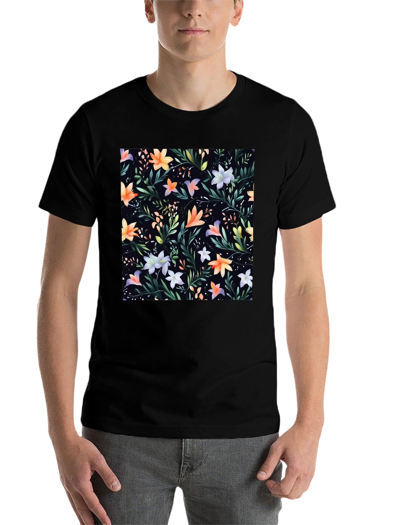 Black Floral Print Black Crew Neck T-Shirt view 7