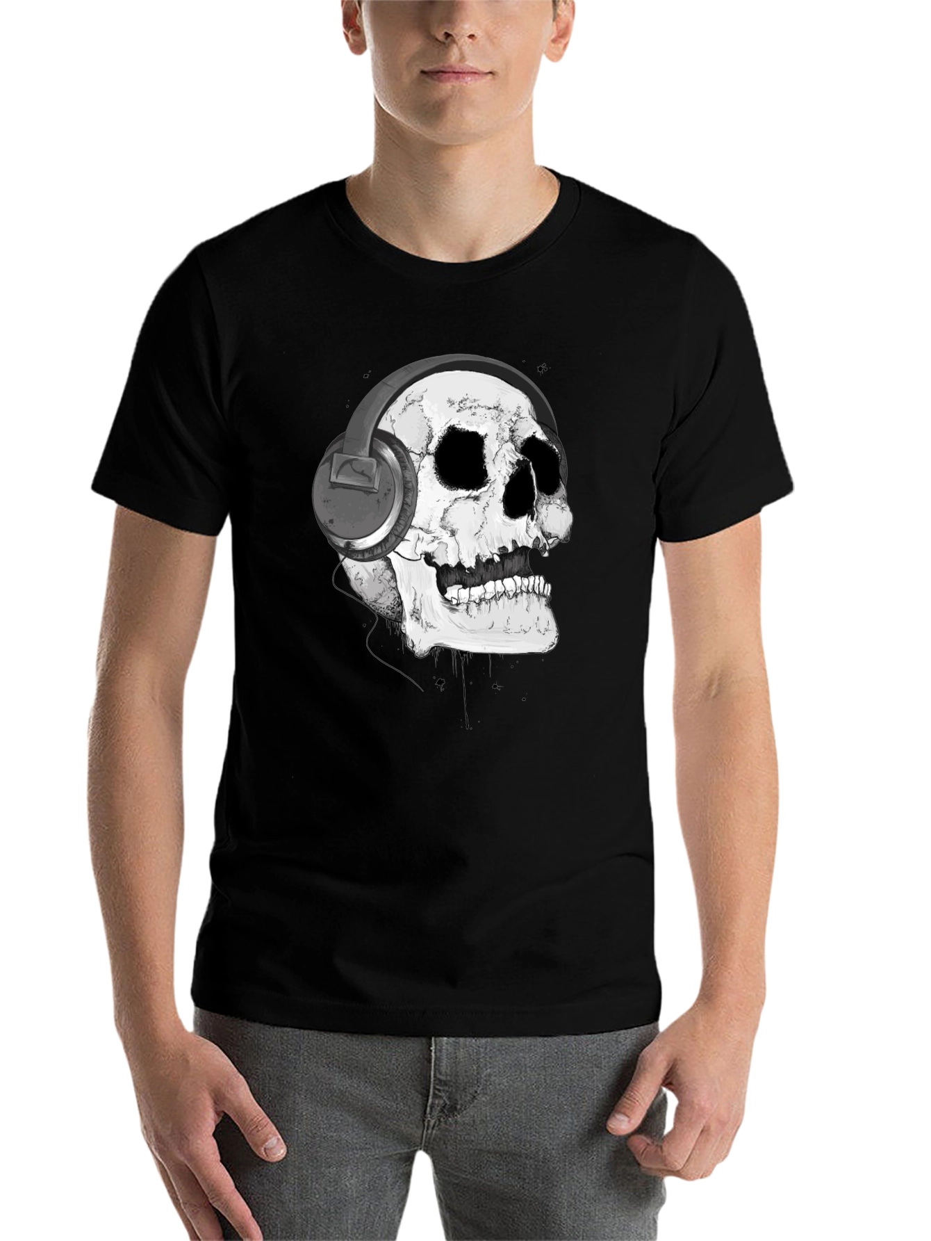 Black Skull with Headphones Graphic T-Shirt view 7