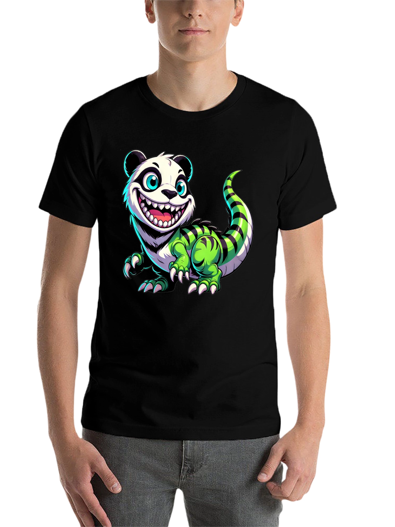 Black Cartoon Panda Lizard Graphic Tee - Unique & Fun Design! view 7