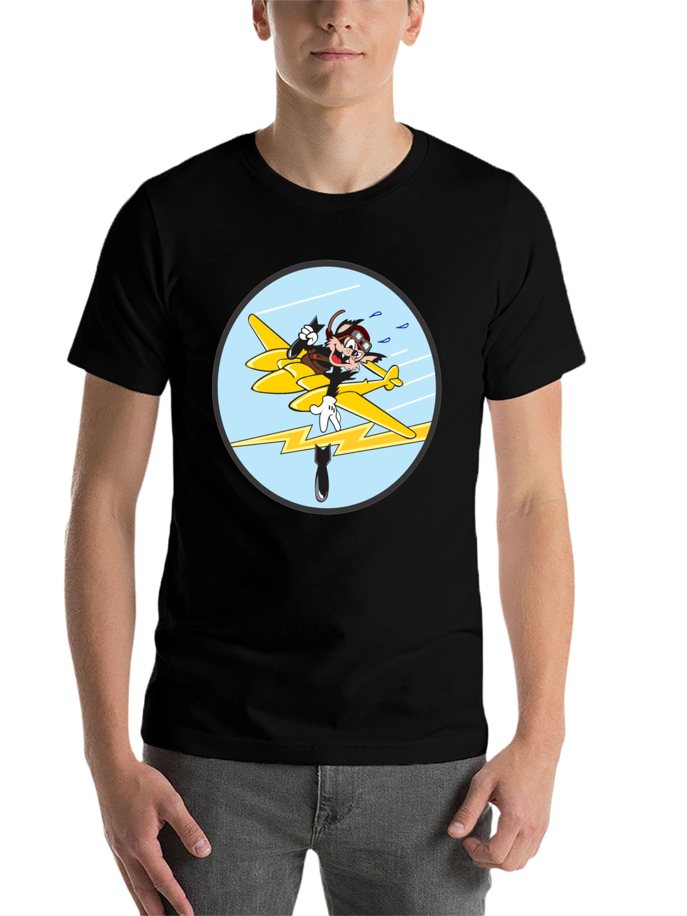 Black Cartoon Aviator Tee - Black Cotton Blend view 7