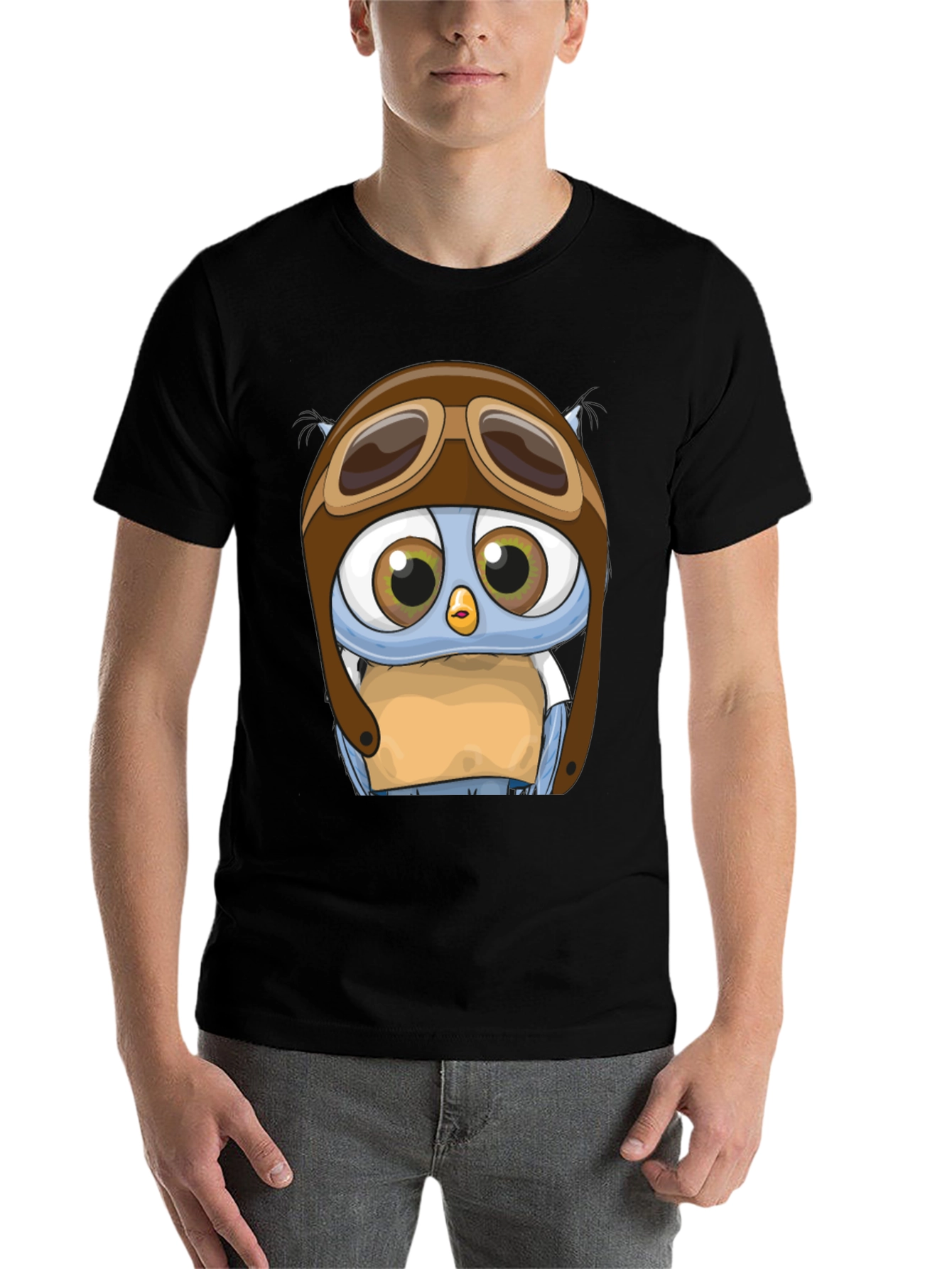 Black Pilot Owl T-Shirt - Cartoon Aviator Design view 7