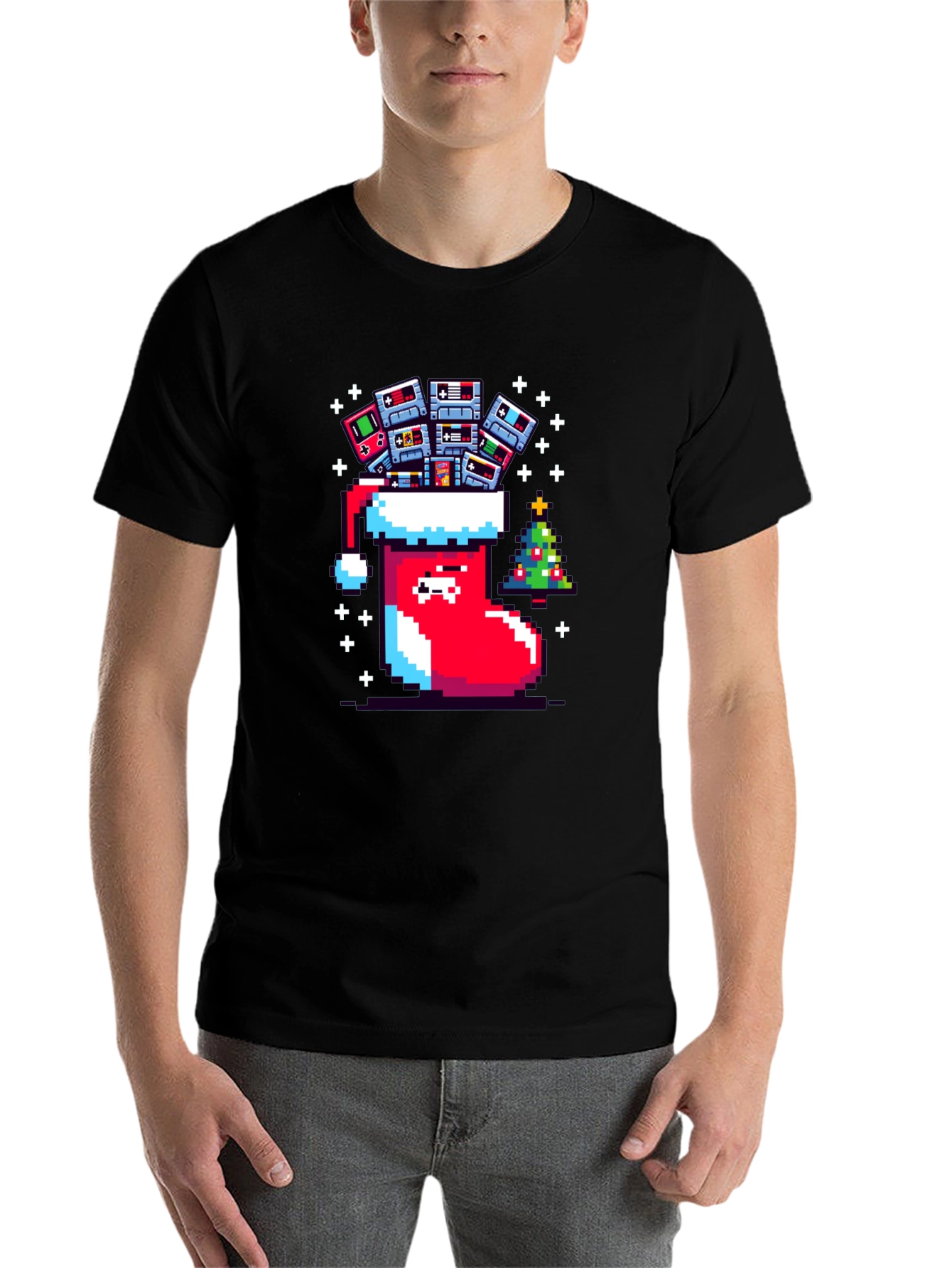 Black Pixel Gamer Christmas Stocking Tee view 7