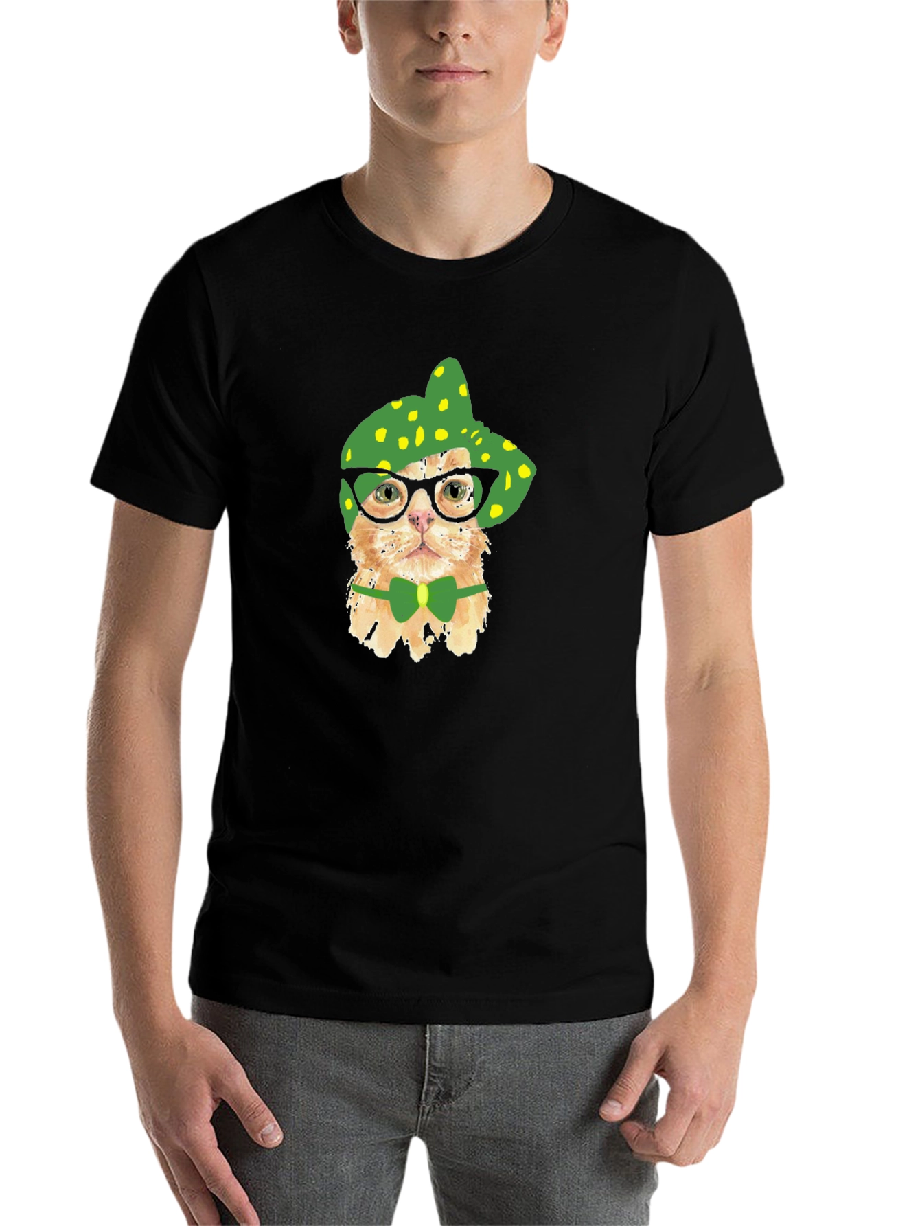 Black Funny Cat T-Shirt - Cat with Glasses and Bowtie view 7