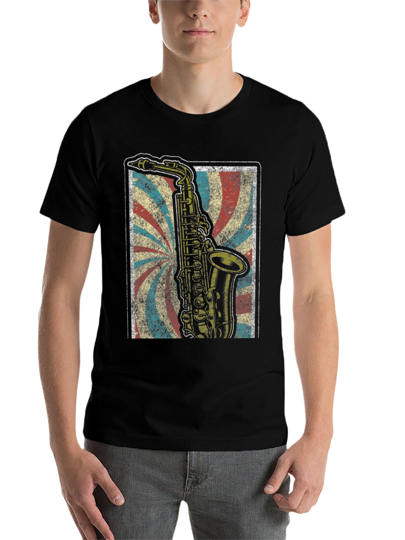 Black Retro Saxophone T-Shirt - Vintage Music Lover Tee view 7