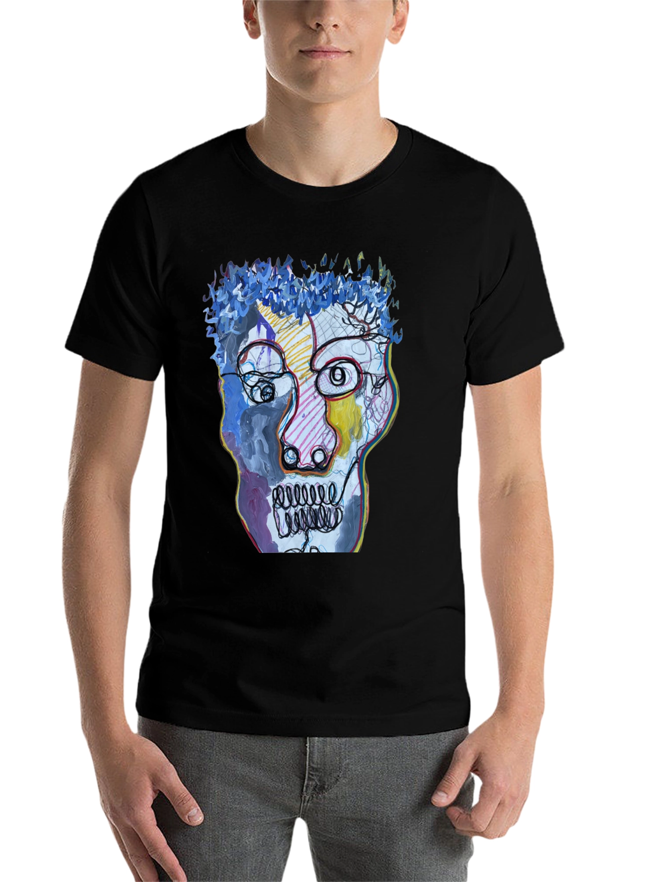 Black Abstract Art Face Graphic Tee - Black Cotton T-Shirt view 7