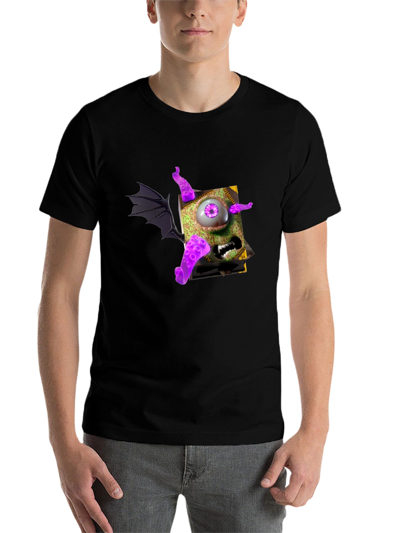 Black Monster Book T-Shirt - Purple Eye Tentacles Wing view 7