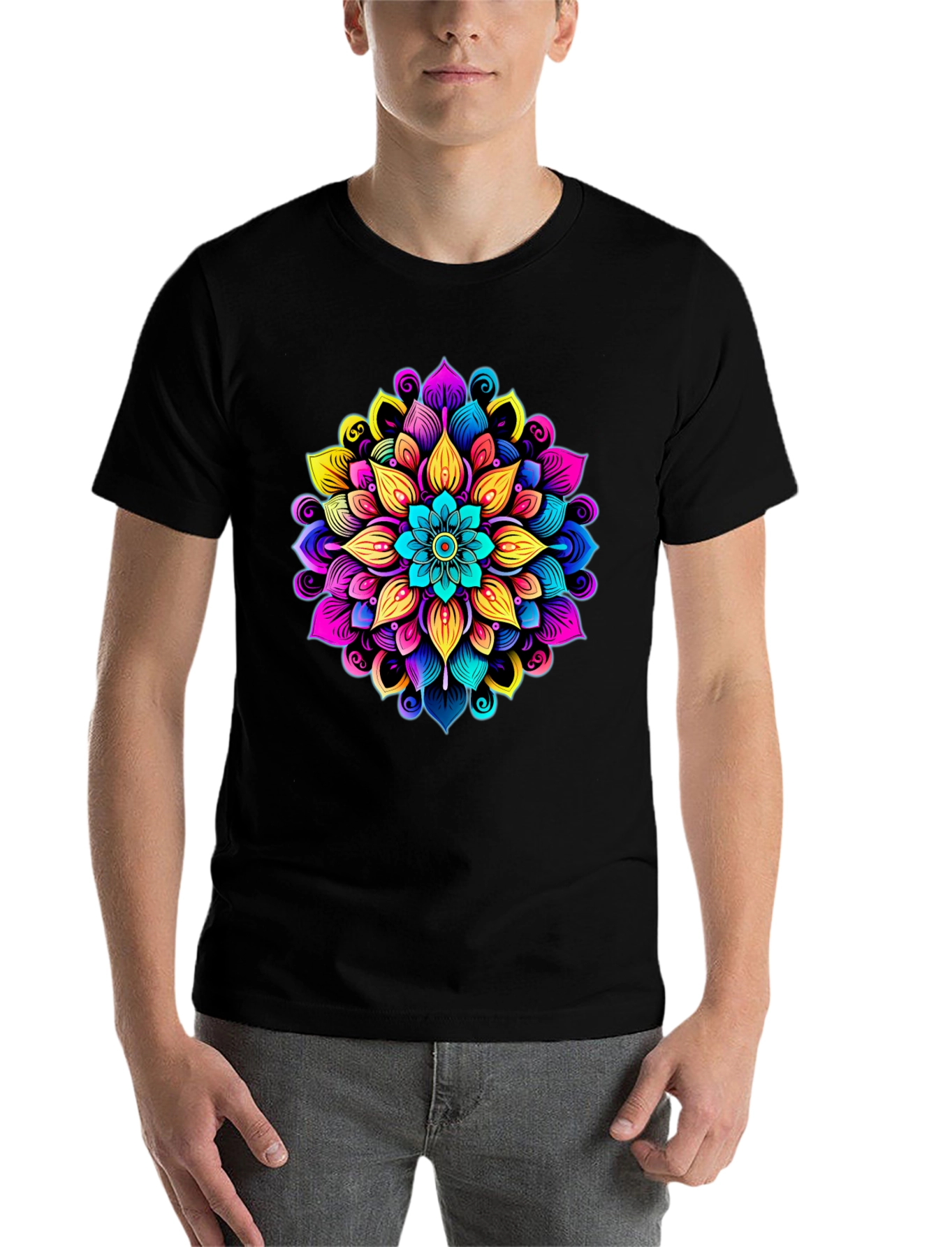 Black Vibrant Mandala Graphic Black T-Shirt view 7