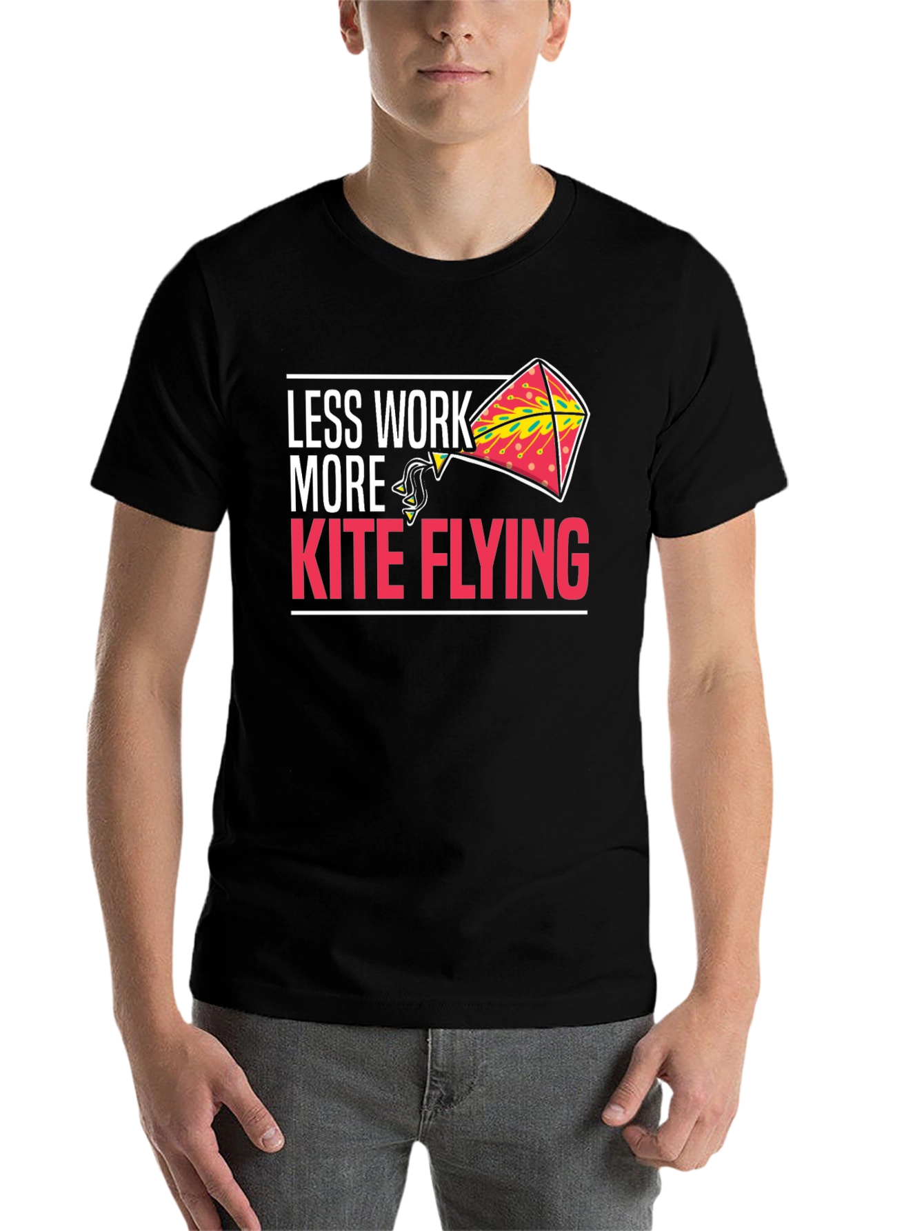Black Less Work More Kite Flying Black Graphic Tee view 7